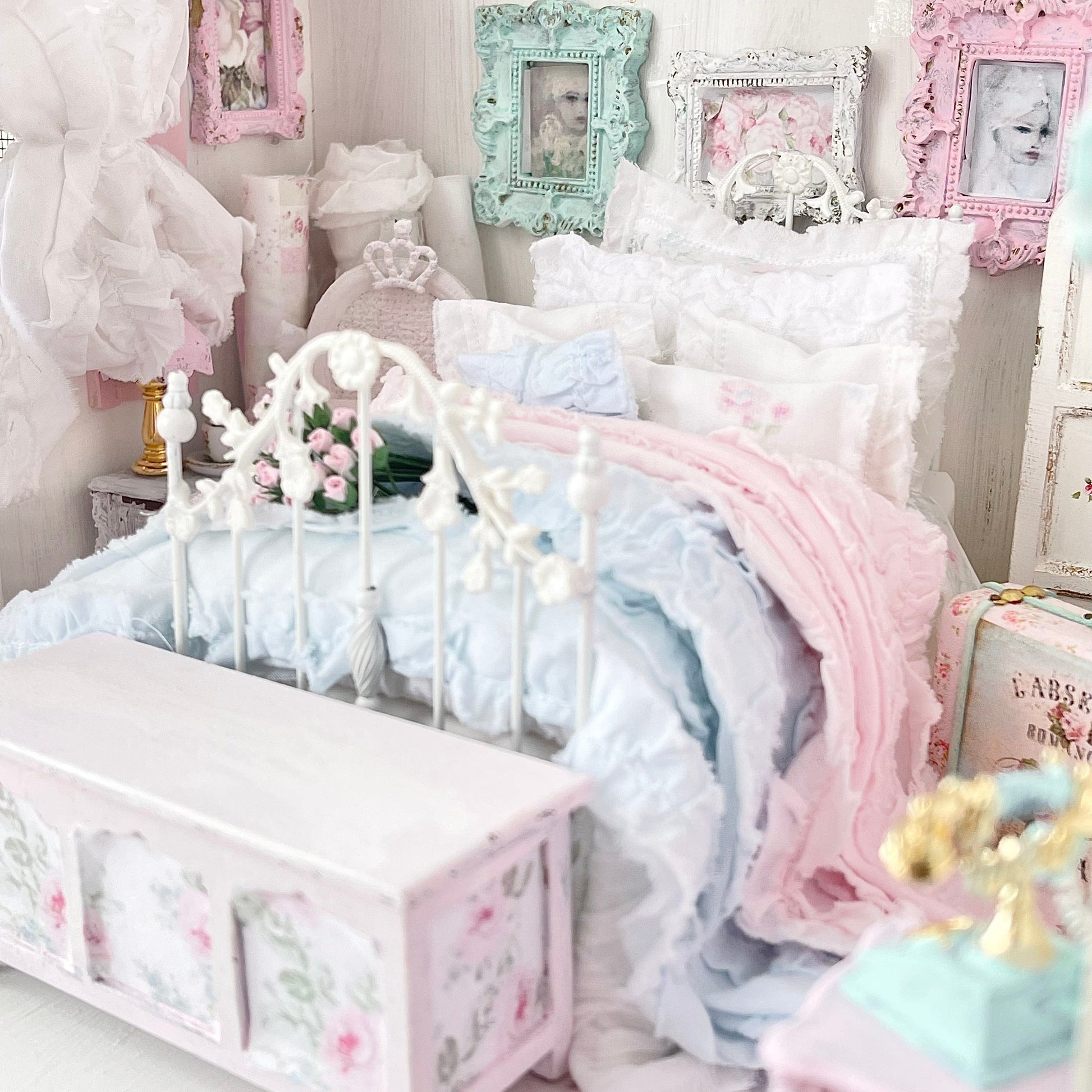 Chantallena Doll House Six whispering petals bed 1:12 Scale Dressed Dollhouse Bed - The Ruffled Rose | Chantallena