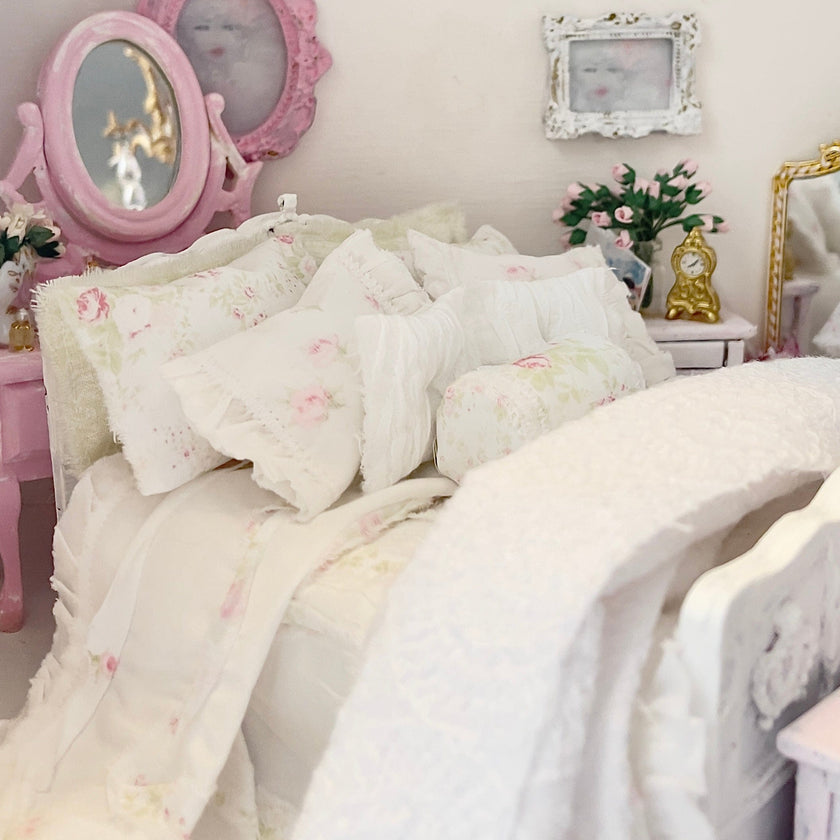 Chantallena Doll House Six whispering petals bed 1:12 Scale Dressed Dollhouse Bed with Breakfast Tray- Twining Roses |Chantallena