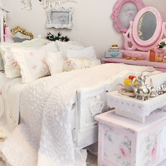 Chantallena Doll House Six whispering petals bed 1:12 Scale Dressed Dollhouse Bed with Breakfast Tray- Twining Roses |Chantallena