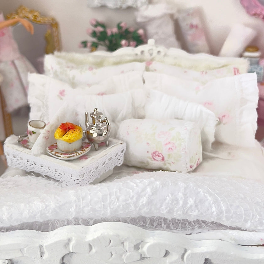 Chantallena Doll House Six whispering petals bed 1:12 Scale Dressed Dollhouse Bed with Breakfast Tray- Twining Roses |Chantallena
