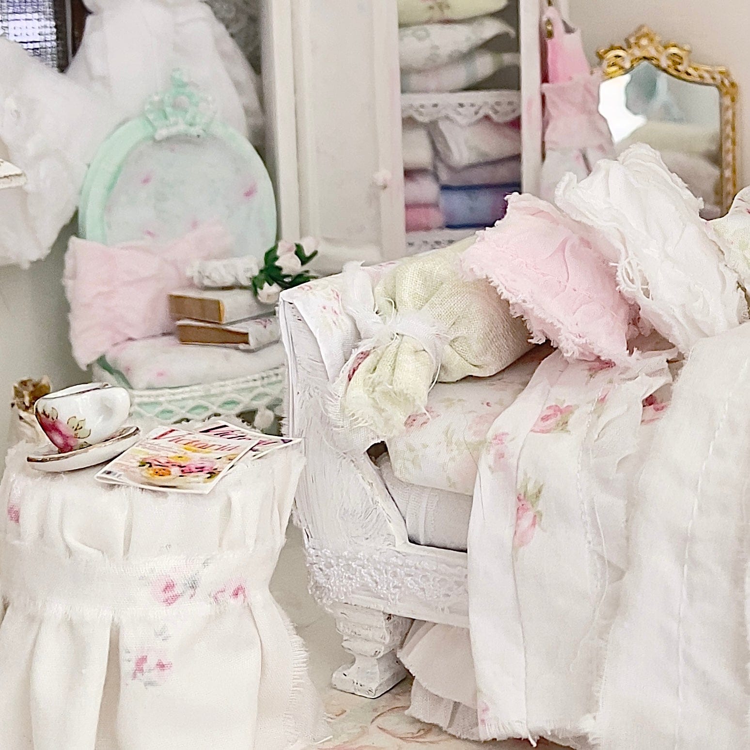 Chantallena Doll House Six whispering petals bed 1:12 Scale Dressed Dollhouse Pink Decoupaged Day Bed and Stool-The Daydream Hour| Chantallena