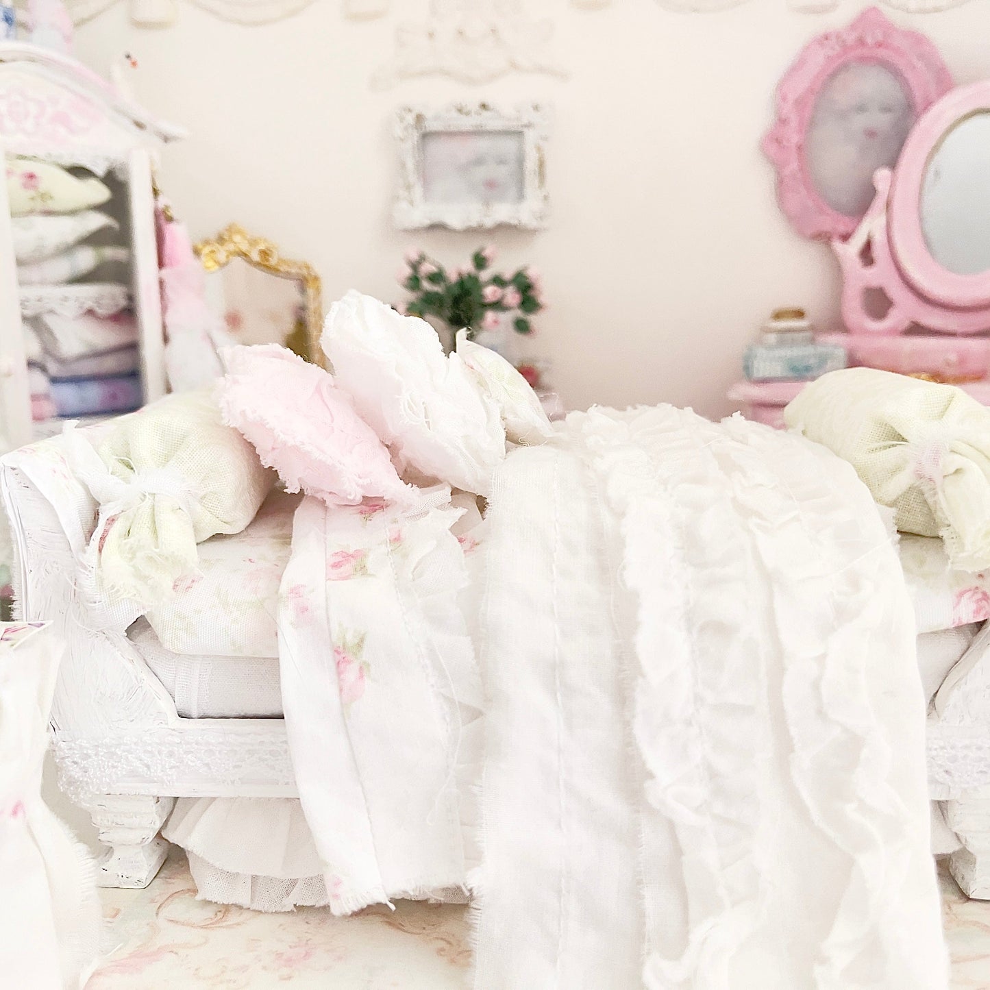 Chantallena Doll House Six whispering petals bed 1:12 Scale Dressed Dollhouse Pink Decoupaged Day Bed and Stool-The Daydream Hour| Chantallena