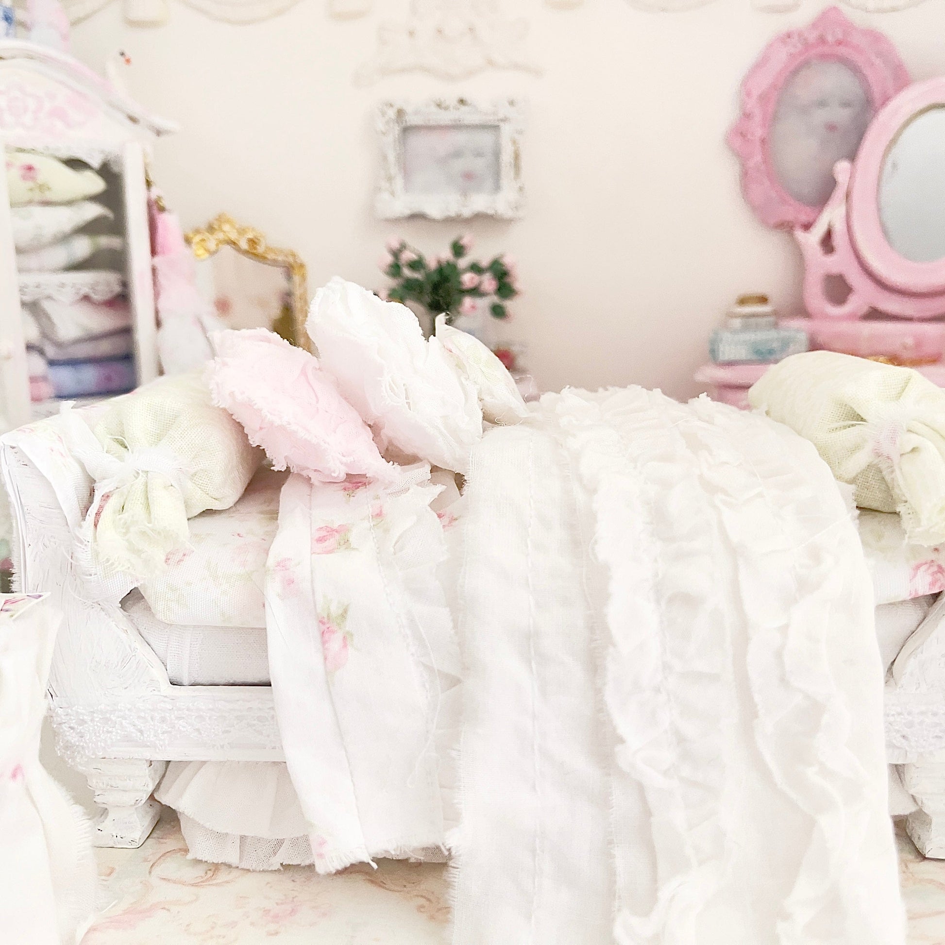 Chantallena Doll House Six whispering petals bed 1:12 Scale Dressed Dollhouse Pink Decoupaged Day Bed and Stool-The Daydream Hour| Chantallena