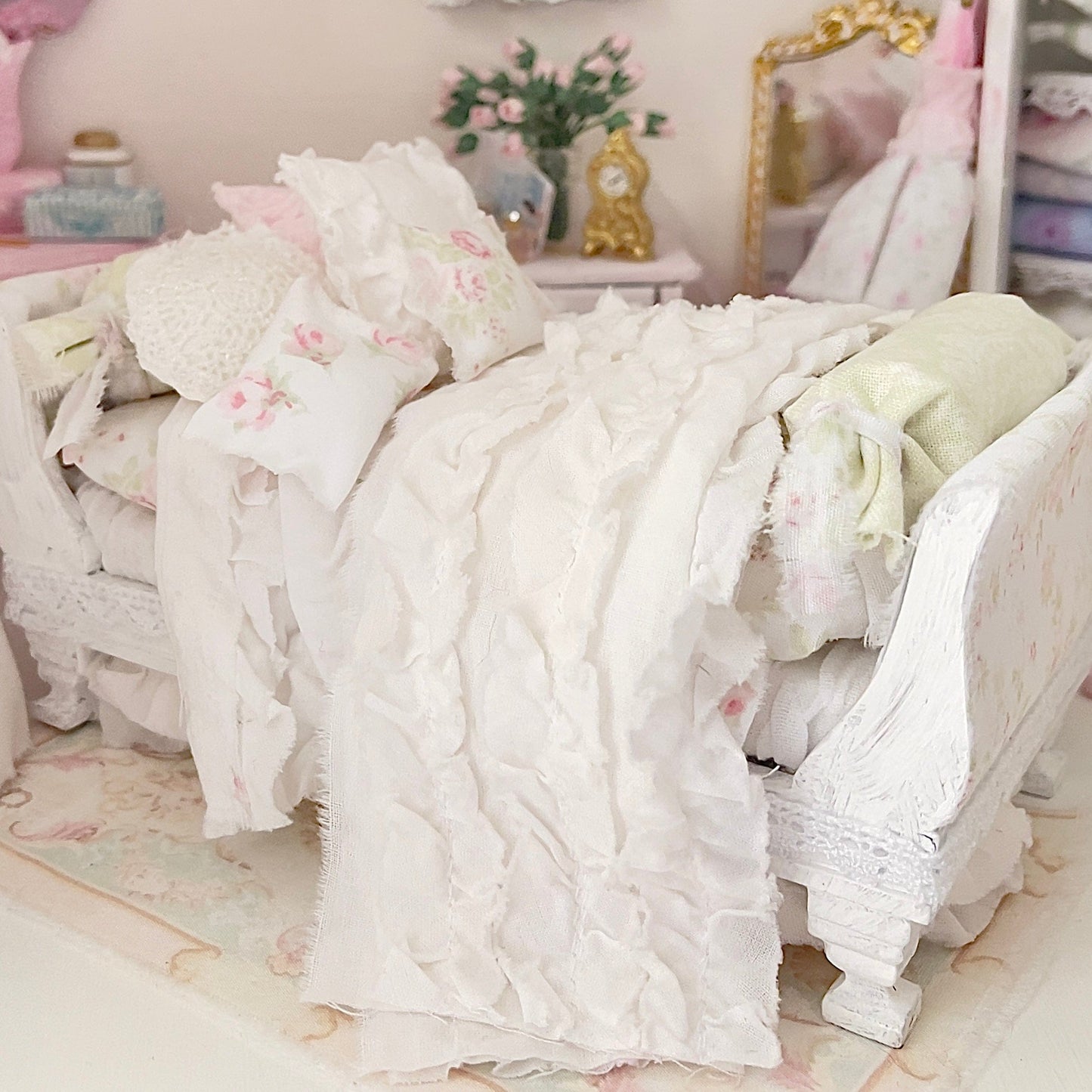 Chantallena Doll House Six whispering petals bed 1:12 Scale Dressed Dollhouse Pink Decoupaged Day Bed and Stool-The Daydream Hour| Chantallena