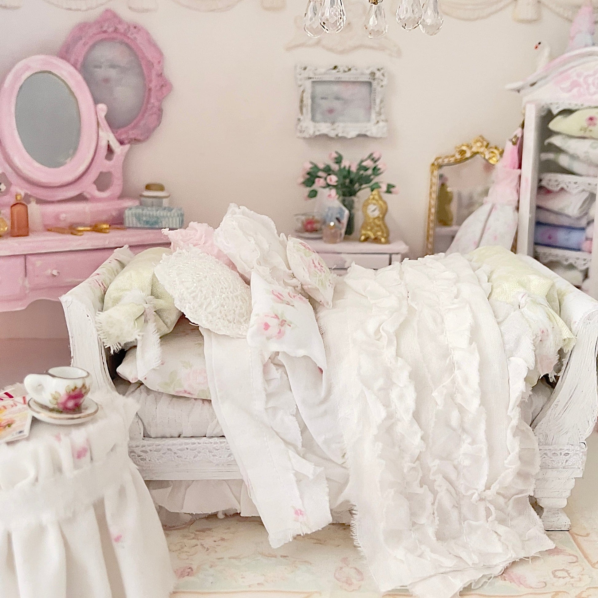 Chantallena Doll House Six whispering petals bed 1:12 Scale Dressed Dollhouse Pink Decoupaged Day Bed and Stool-The Daydream Hour| Chantallena