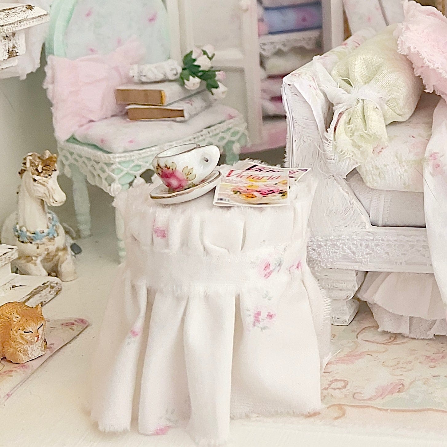 Chantallena Doll House Six whispering petals bed 1:12 Scale Dressed Dollhouse Pink Decoupaged Day Bed and Stool-The Daydream Hour| Chantallena
