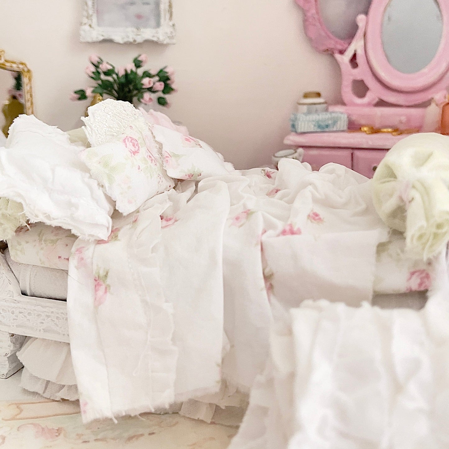 Chantallena Doll House Six whispering petals bed 1:12 Scale Dressed Dollhouse Pink Decoupaged Day Bed and Stool-The Daydream Hour| Chantallena