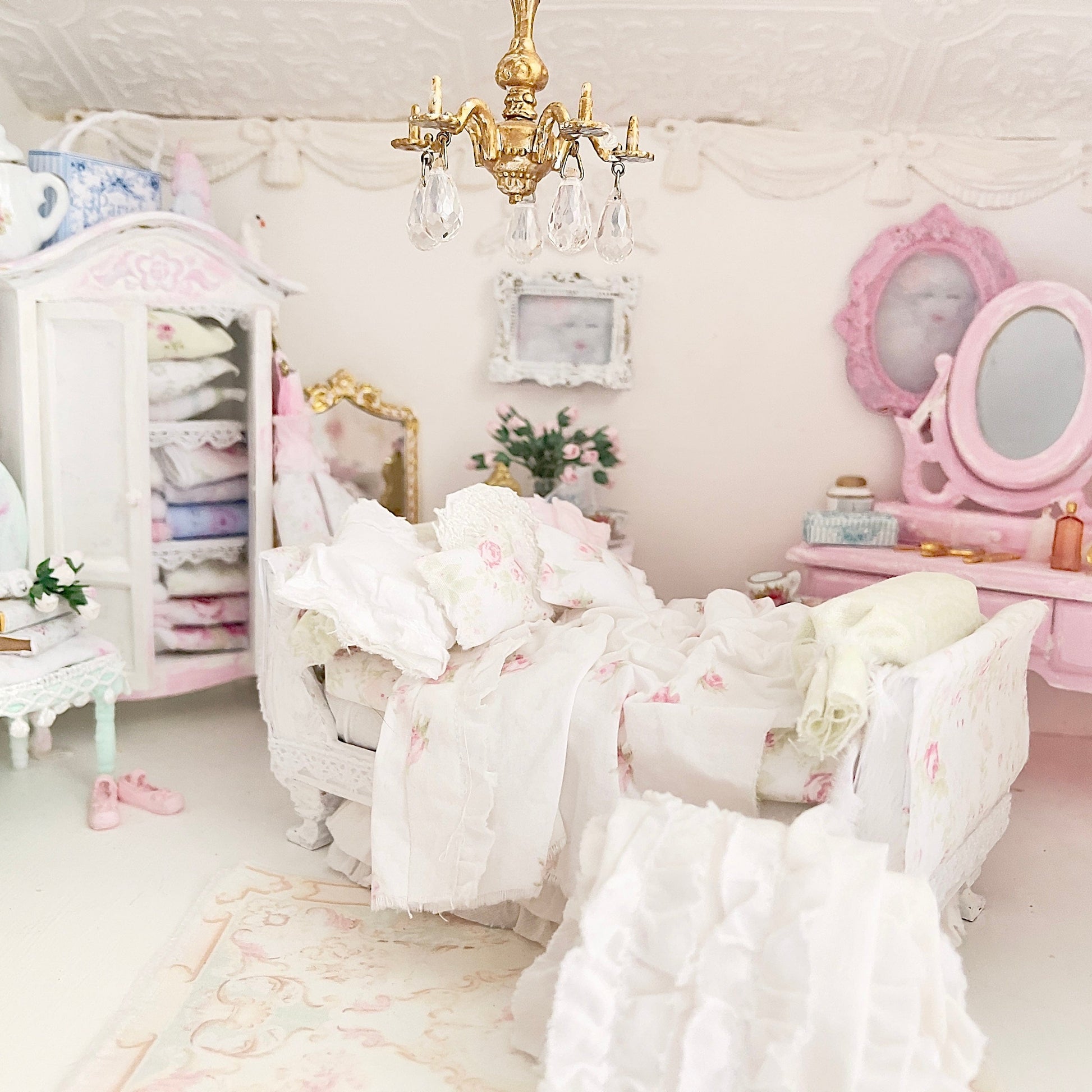 Chantallena Doll House Six whispering petals bed 1:12 Scale Dressed Dollhouse Pink Decoupaged Day Bed and Stool-The Daydream Hour| Chantallena