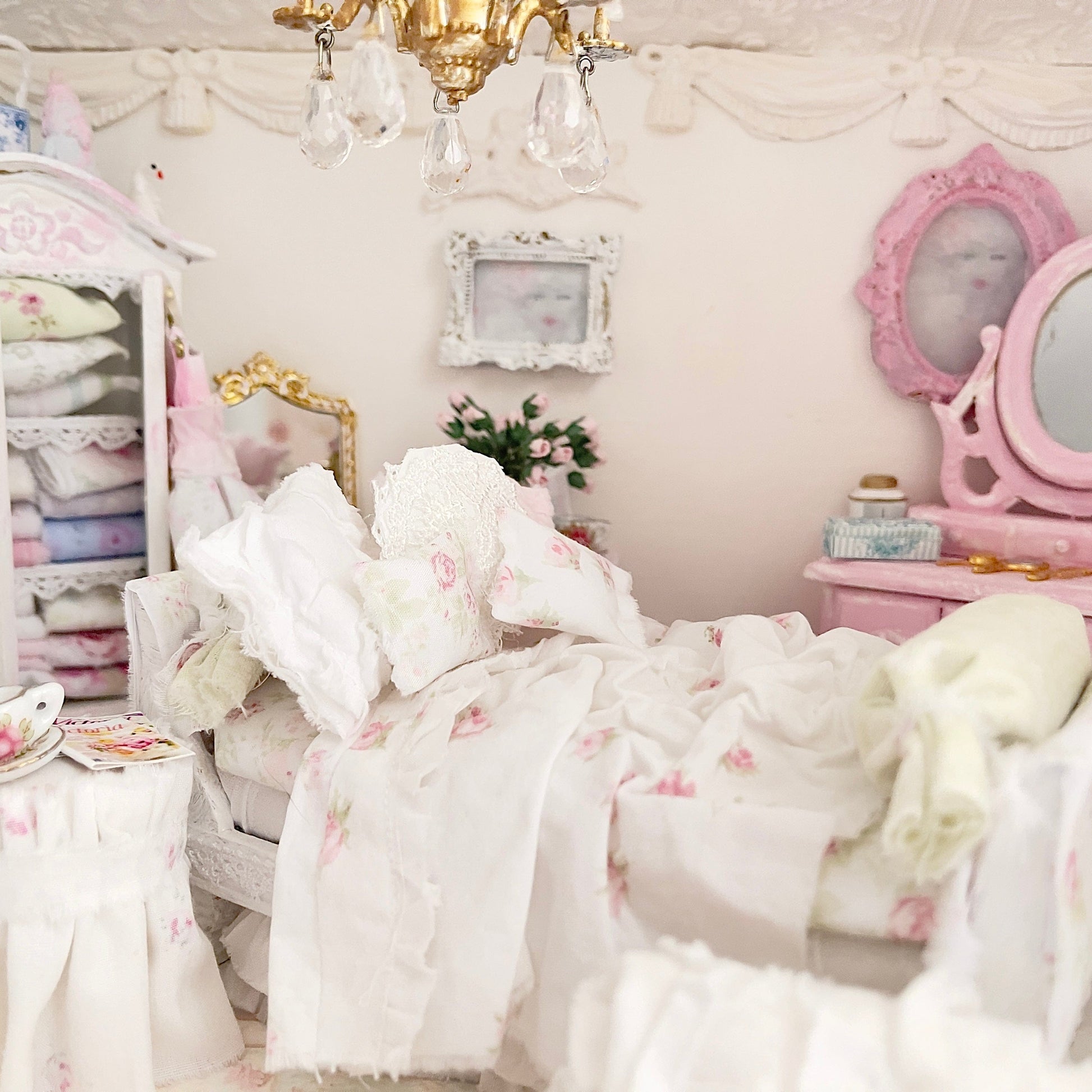 Chantallena Doll House Six whispering petals bed 1:12 Scale Dressed Dollhouse Pink Decoupaged Day Bed and Stool-The Daydream Hour| Chantallena