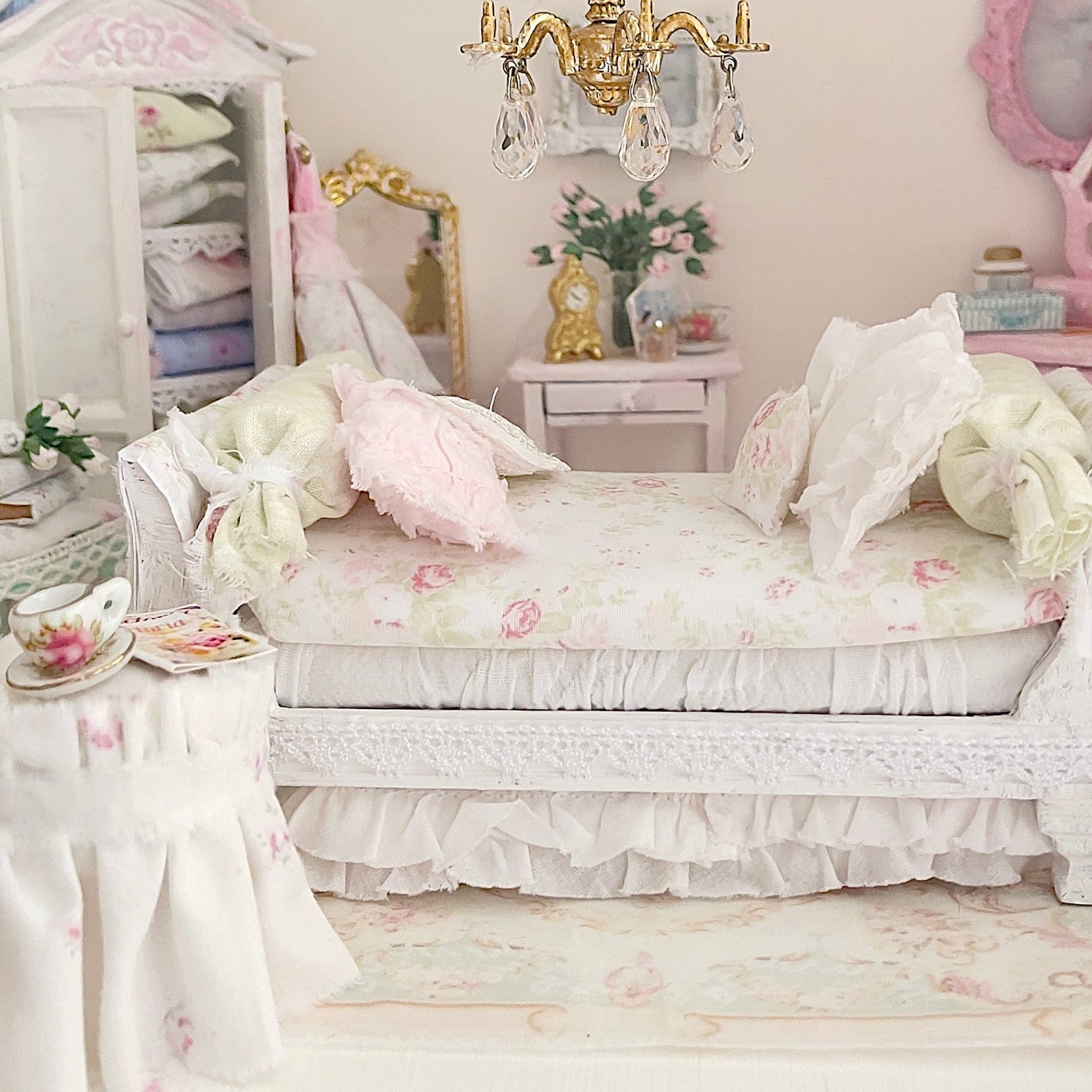 Chantallena Doll House Six whispering petals bed 1:12 Scale Dressed Dollhouse Pink Decoupaged Day Bed and Stool-The Daydream Hour| Chantallena
