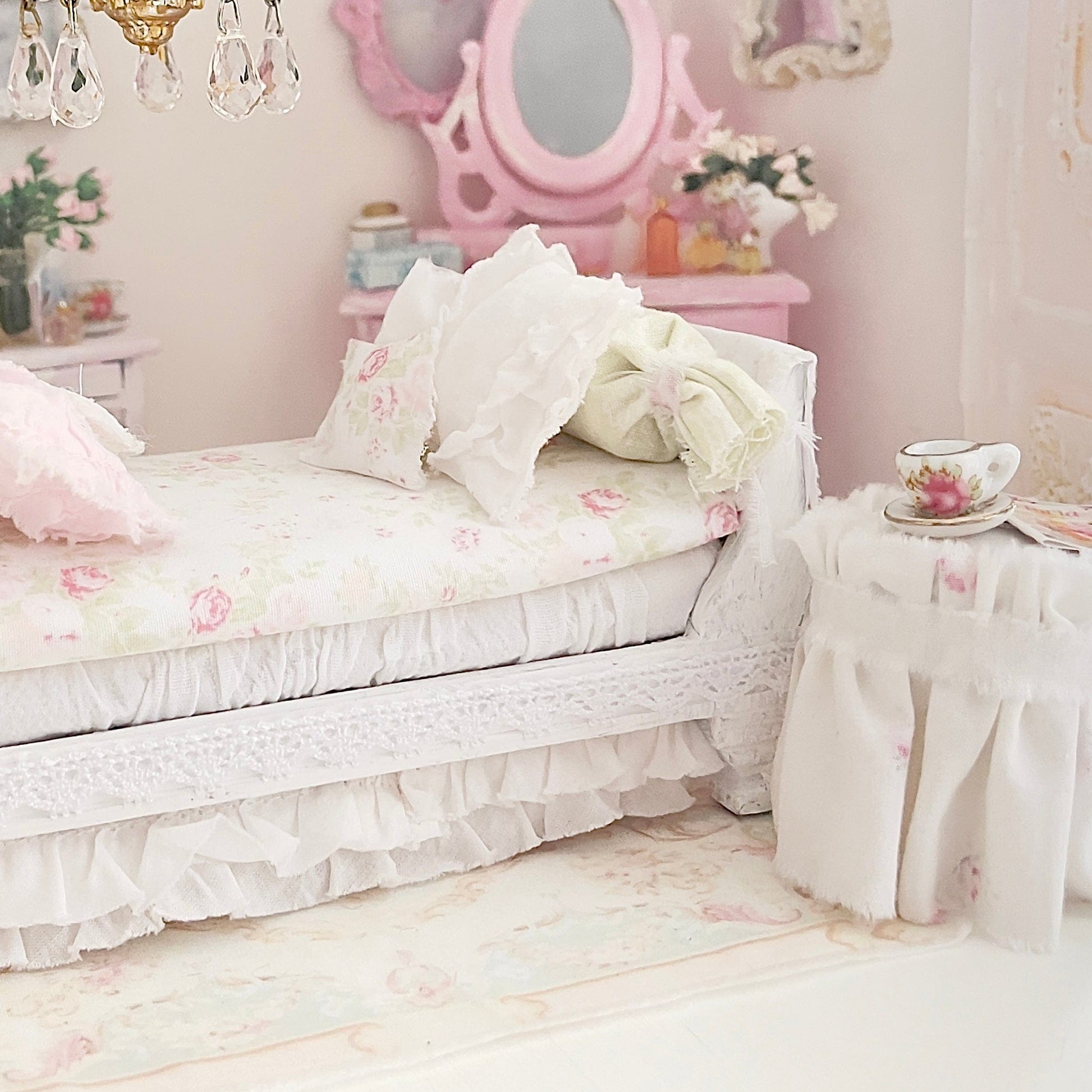 Chantallena Doll House Six whispering petals bed 1:12 Scale Dressed Dollhouse Pink Decoupaged Day Bed and Stool-The Daydream Hour| Chantallena