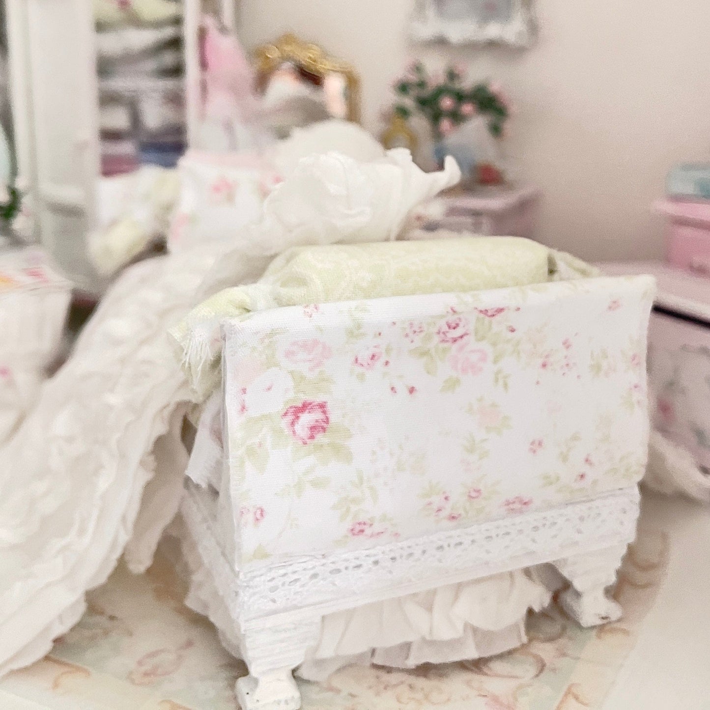 Chantallena Doll House Six whispering petals bed 1:12 Scale Dressed Dollhouse Pink Decoupaged Day Bed and Stool-The Daydream Hour| Chantallena