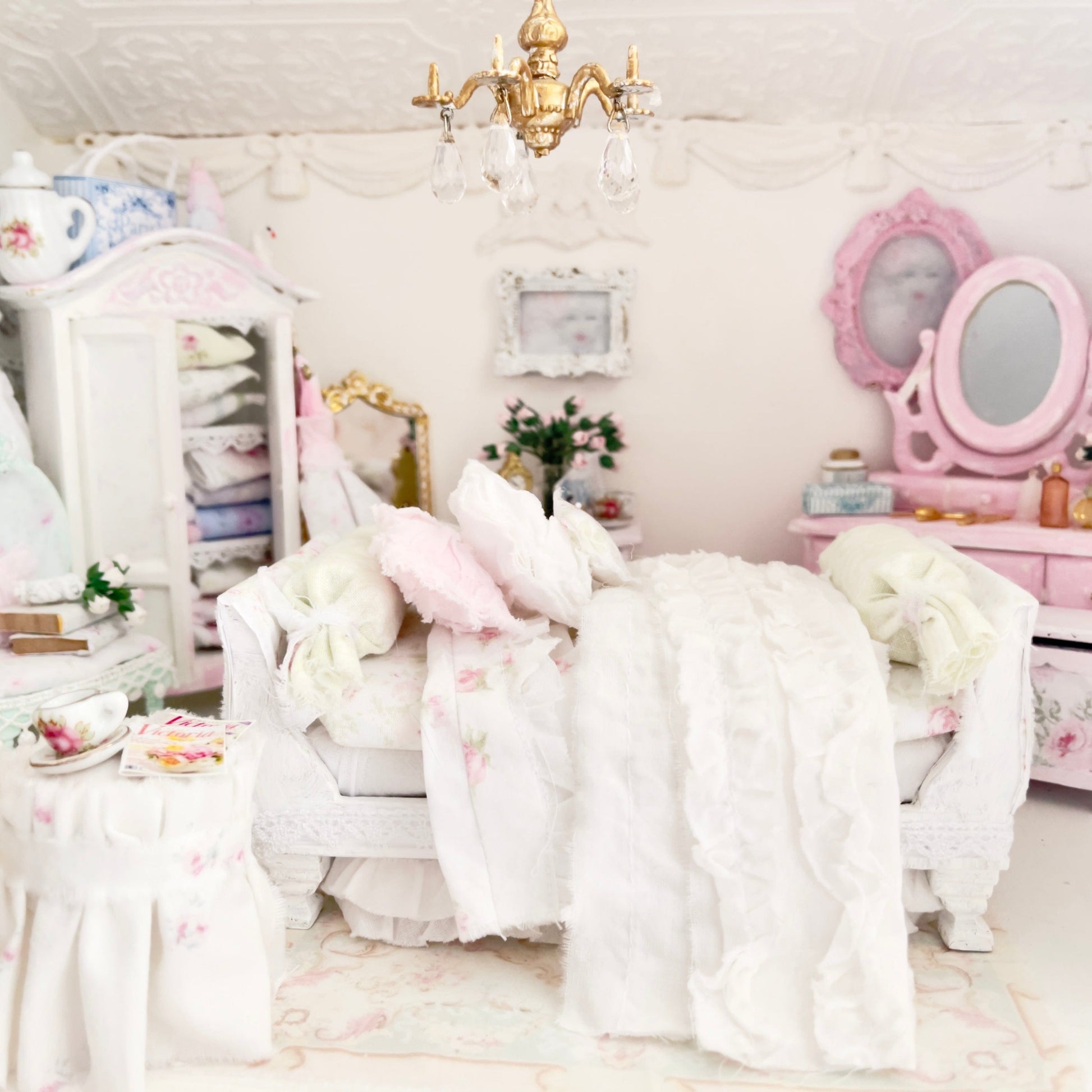 Chantallena Doll House Six whispering petals bed 1:12 Scale Dressed Dollhouse Pink Decoupaged Day Bed and Stool-The Daydream Hour| Chantallena