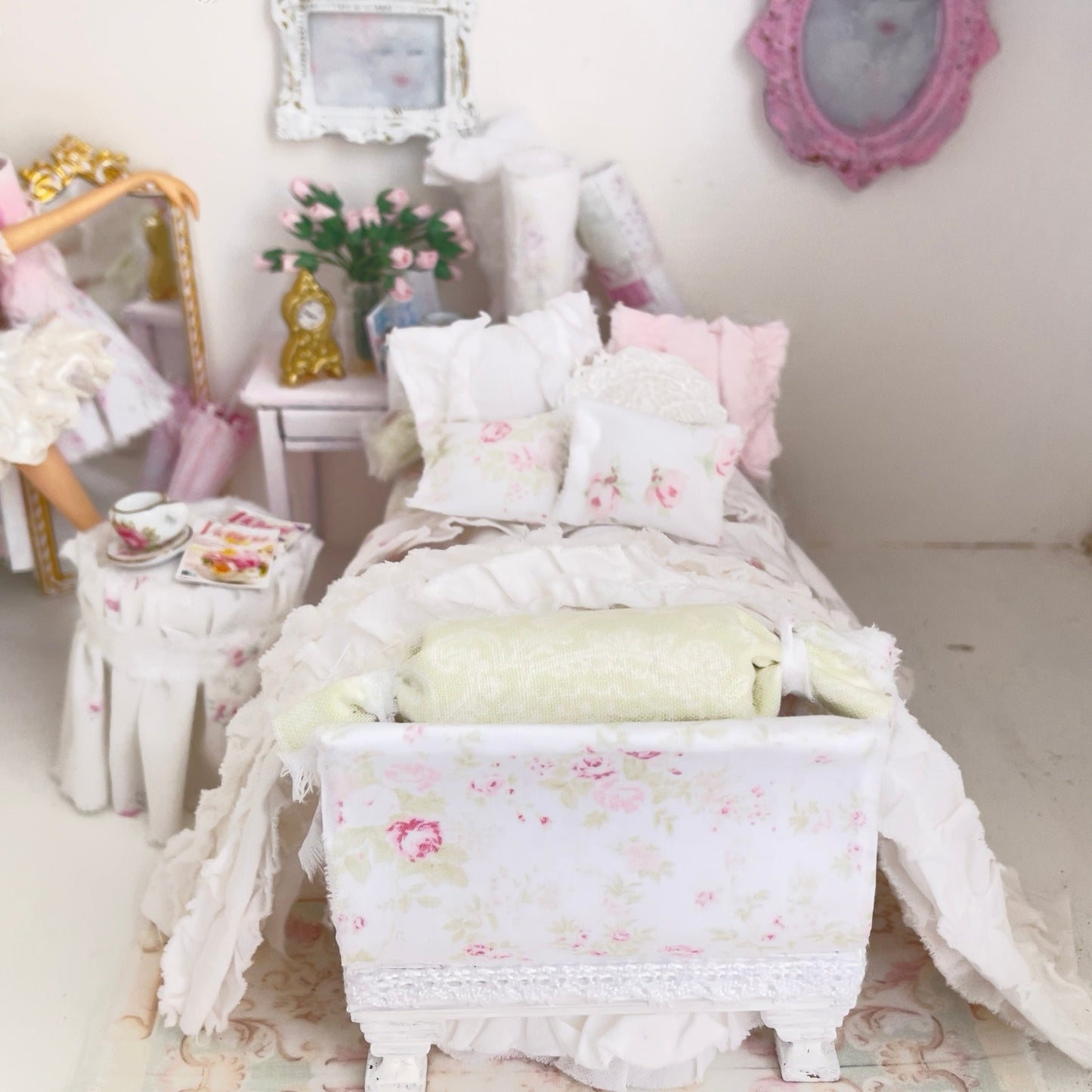 Chantallena Doll House Six whispering petals bed 1:12 Scale Dressed Dollhouse Pink Decoupaged Day Bed and Stool-The Daydream Hour| Chantallena