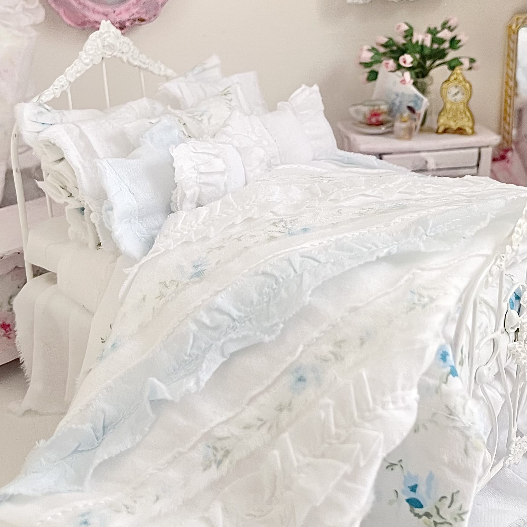Chantallena Doll House Six whispering petals bed 1:12 Scale Dressed Dollhouse Wrought Iron Bed- Softly Told| Chantallena
