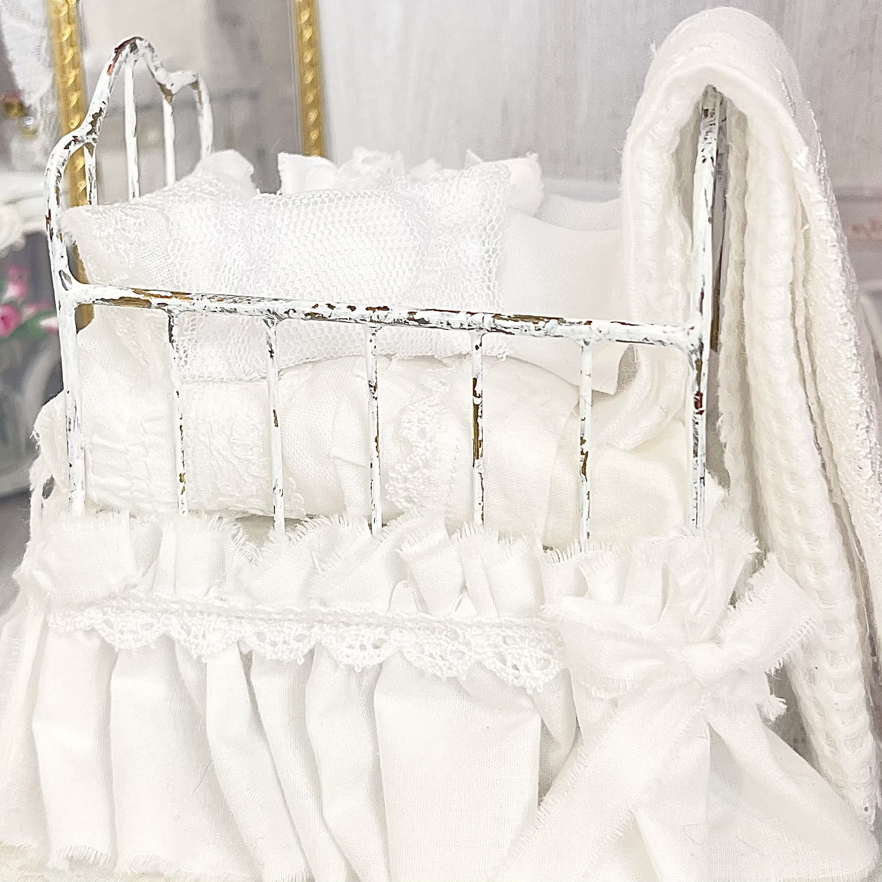 Chantallena Doll House Six whispering petals bed 1:12 Scale Dressed Dollhouse Wrought Iron Crib- Little Lace| Chantallena