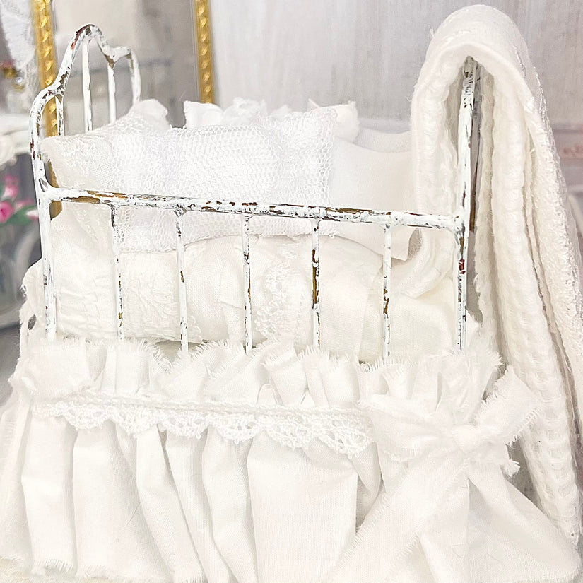 Chantallena Doll House Six whispering petals bed 1:12 Scale Dressed Dollhouse Wrought Iron Crib- Little Lace| Chantallena