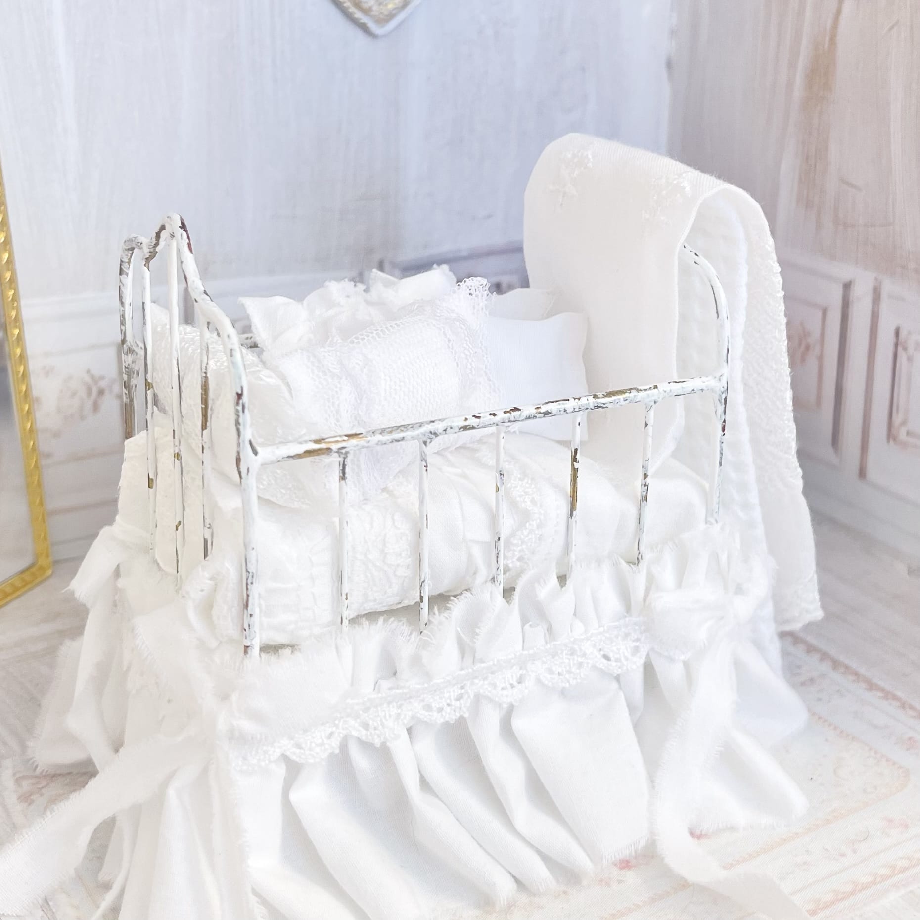 Chantallena Doll House Six whispering petals bed 1:12 Scale Dressed Dollhouse Wrought Iron Crib- Little Lace| Chantallena