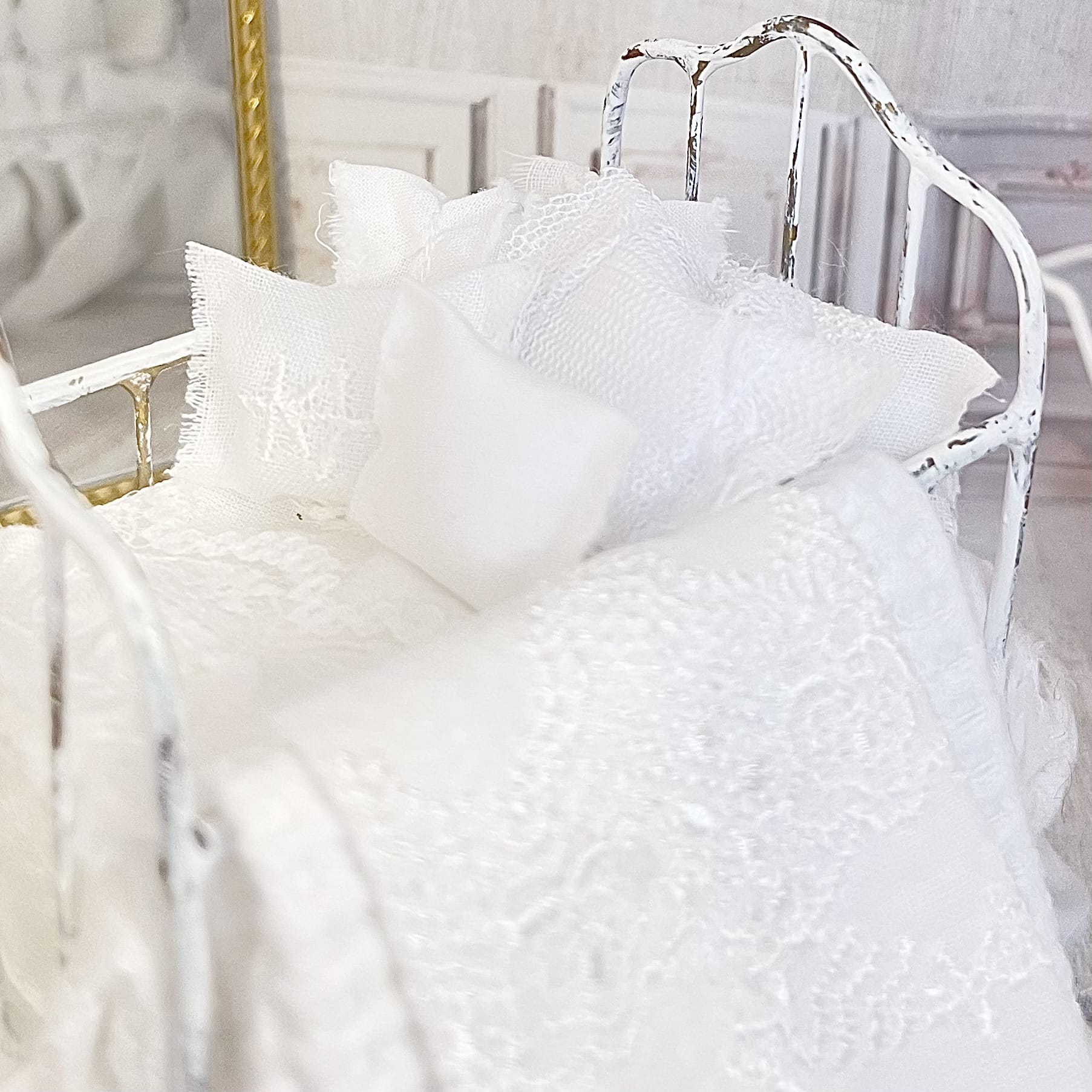 Chantallena Doll House Six whispering petals bed 1:12 Scale Dressed Dollhouse Wrought Iron Crib- Little Lace| Chantallena