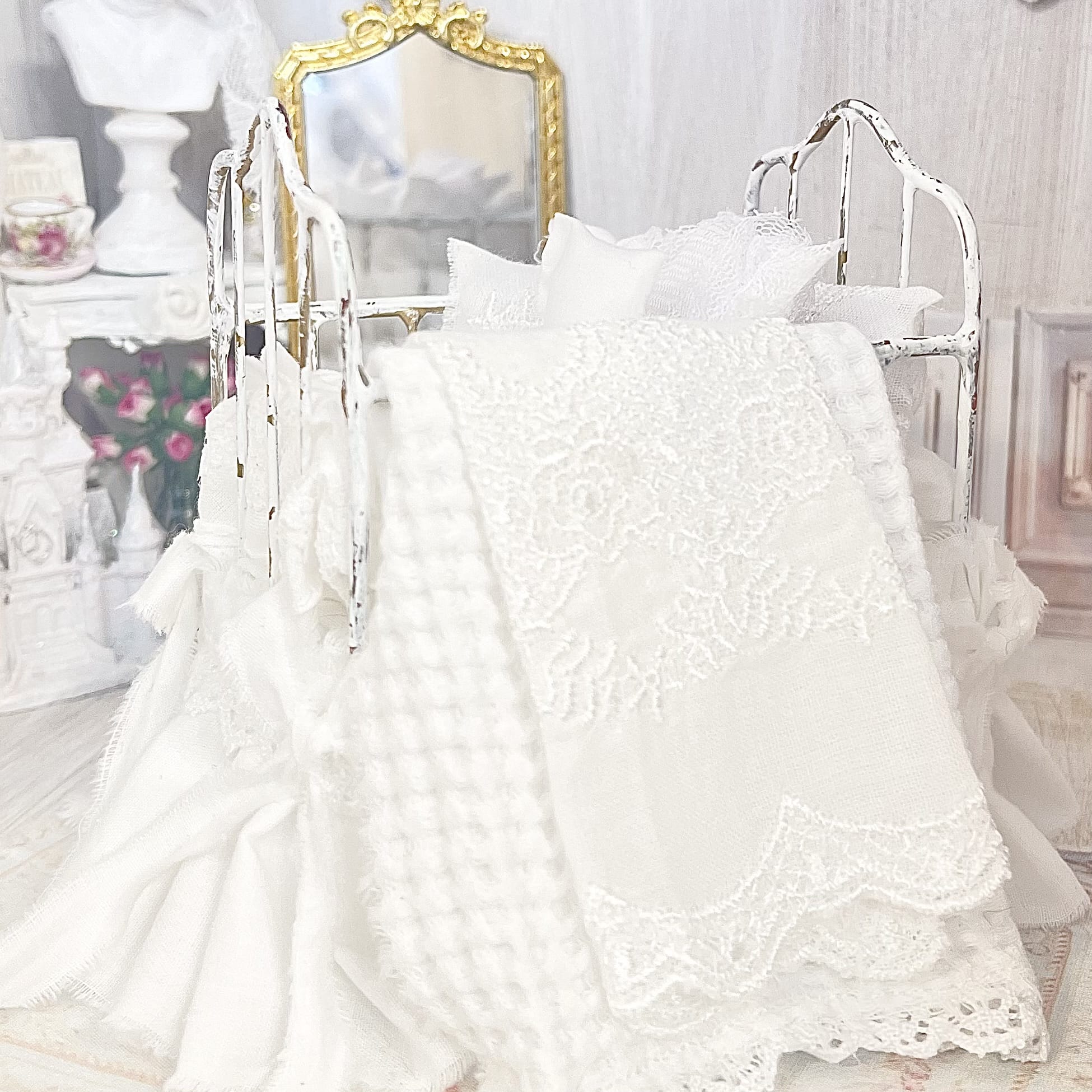 Chantallena Doll House Six whispering petals bed 1:12 Scale Dressed Dollhouse Wrought Iron Crib- Little Lace| Chantallena