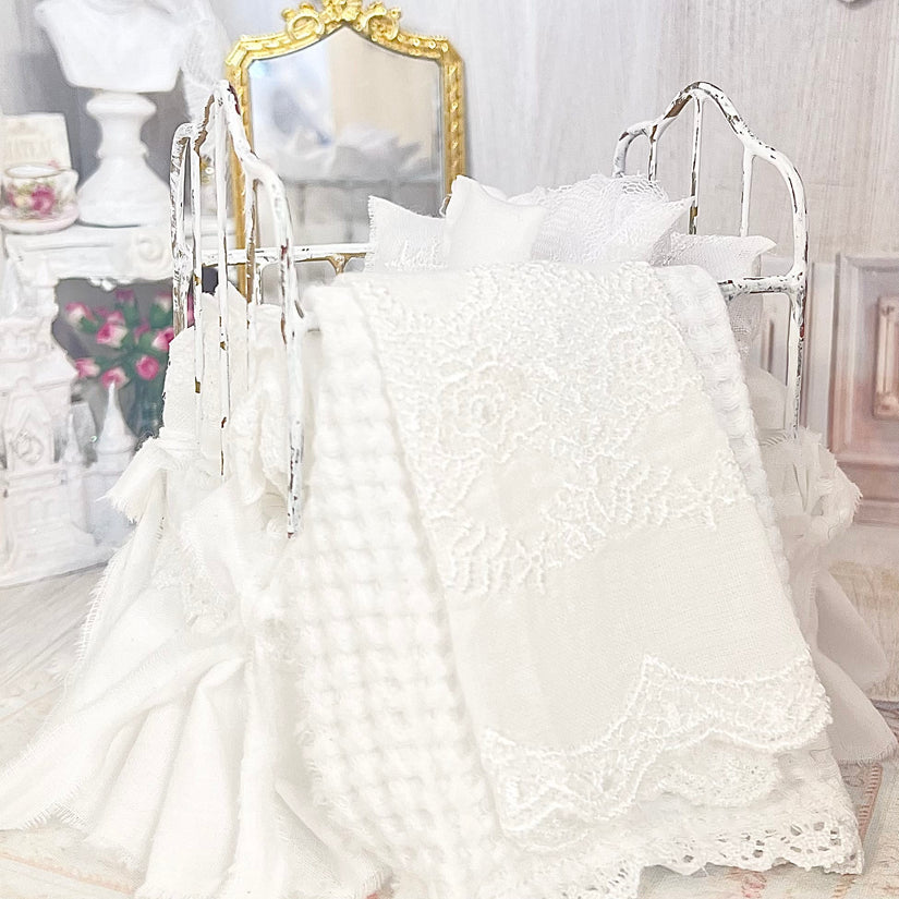 Chantallena Doll House Six whispering petals bed 1:12 Scale Dressed Dollhouse Wrought Iron Crib- Little Lace| Chantallena
