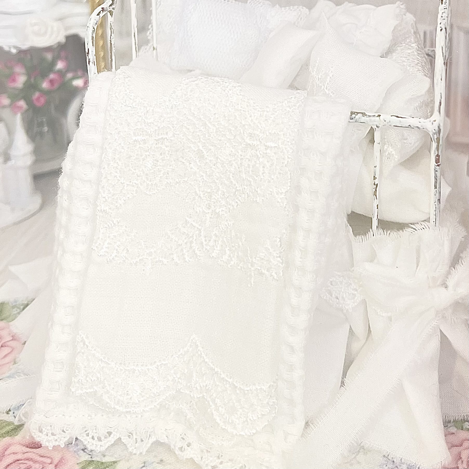 Chantallena Doll House Six whispering petals bed 1:12 Scale Dressed Dollhouse Wrought Iron Crib- Little Lace| Chantallena