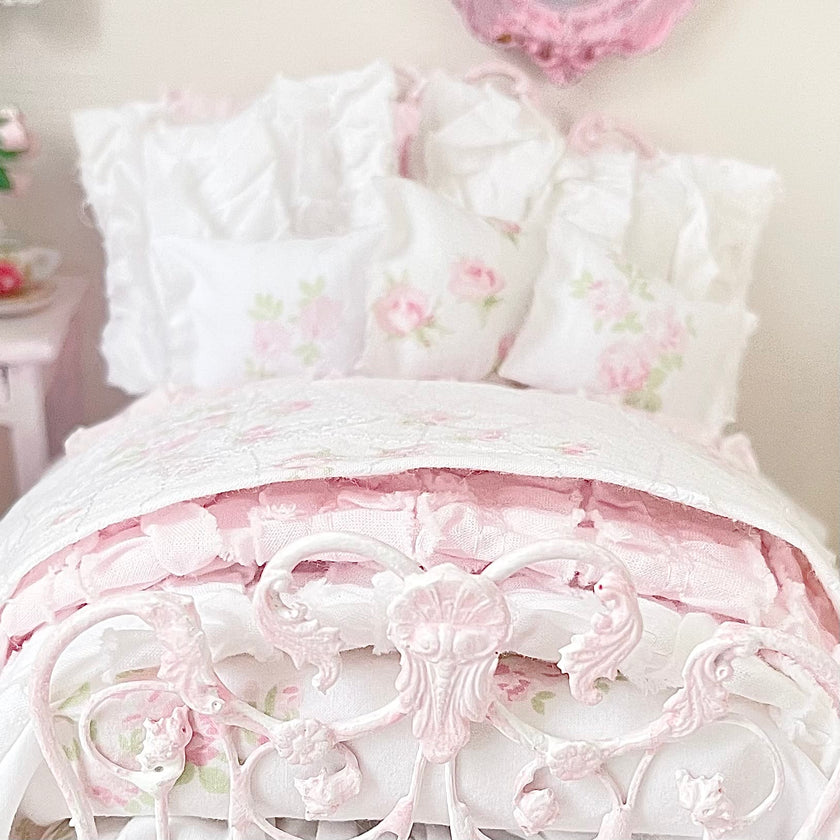 Chantallena Doll House Six whispering petals bed 1:12 Scale Dressed Dollhouse Wrought Iron - Roses are Forever| Chantallena