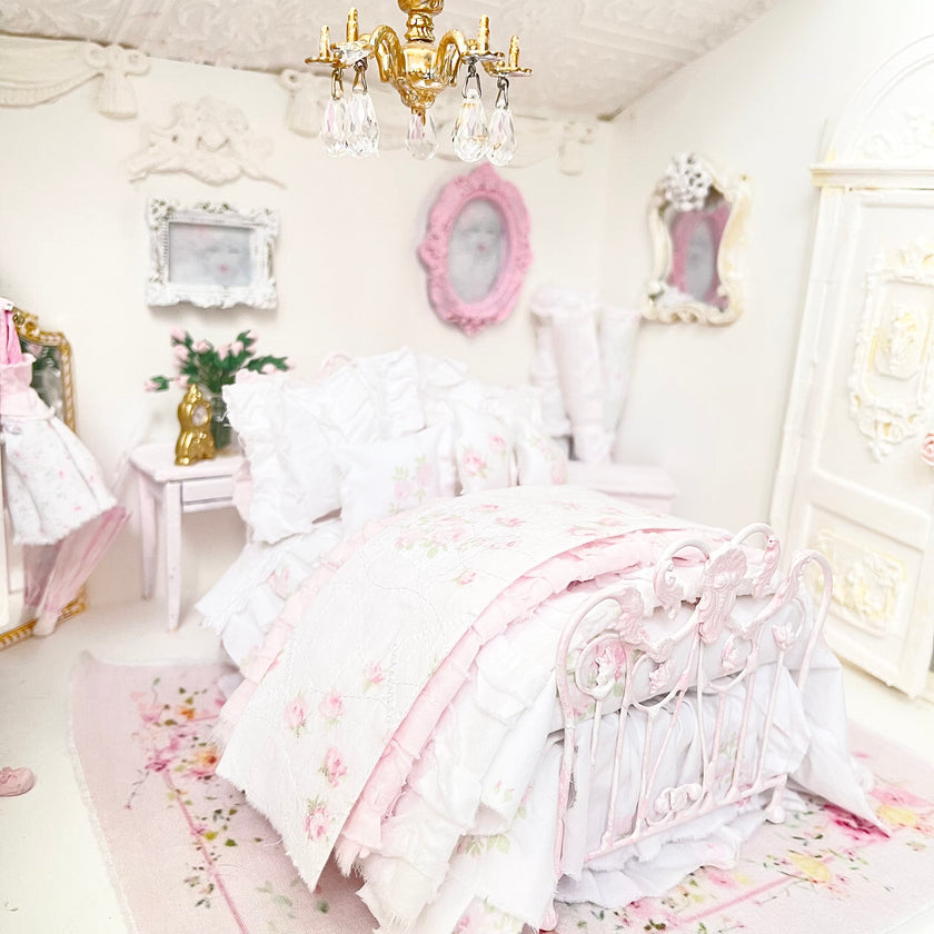 Chantallena Doll House Six whispering petals bed 1:12 Scale Dressed Dollhouse Wrought Iron - Roses are Forever| Chantallena