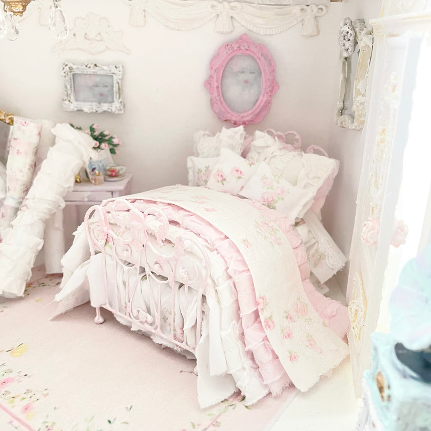 Chantallena Doll House Six whispering petals bed 1:12 Scale Dressed Dollhouse Wrought Iron - Roses are Forever| Chantallena