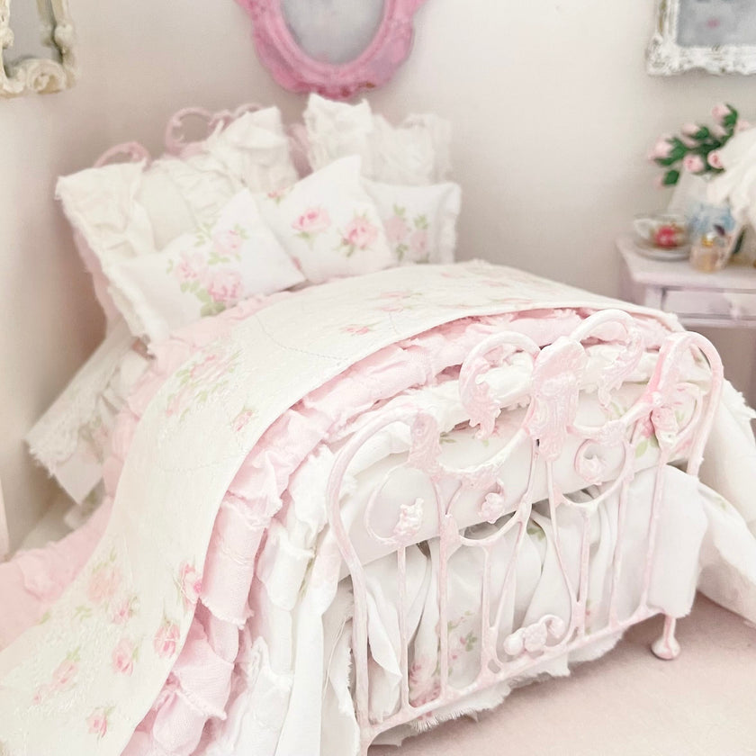 Chantallena Doll House Six whispering petals bed 1:12 Scale Dressed Dollhouse Wrought Iron - Roses are Forever| Chantallena