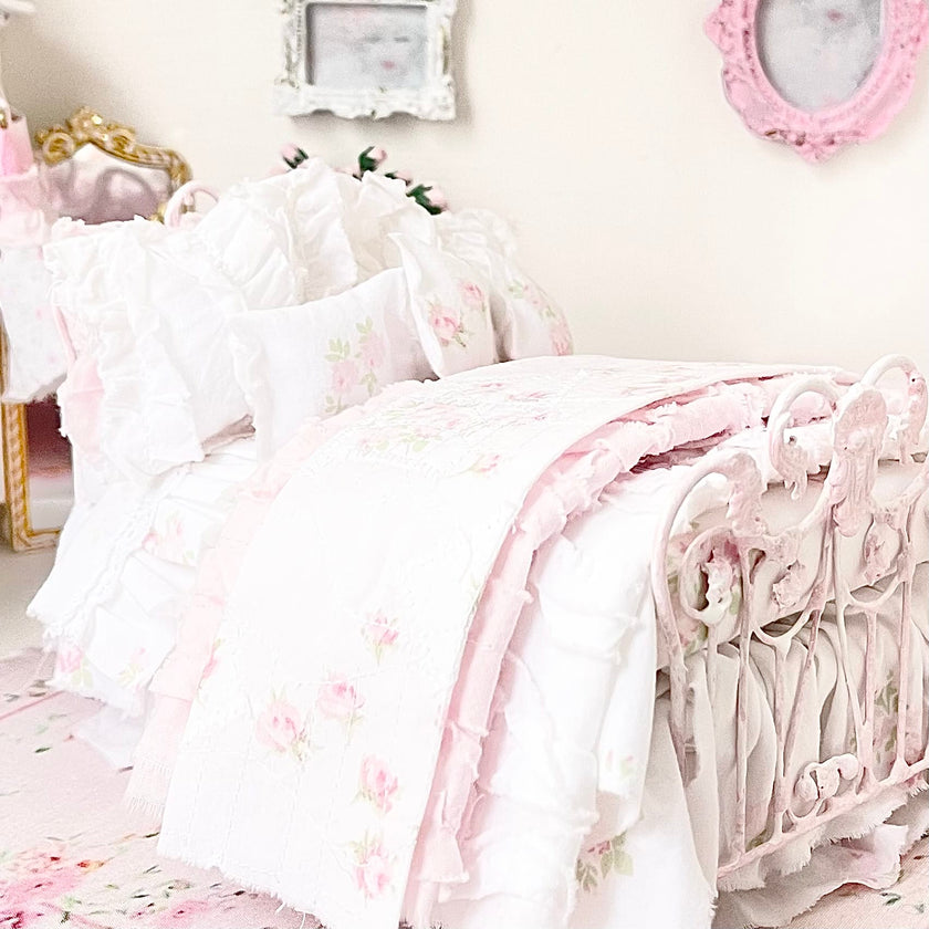 Chantallena Doll House Six whispering petals bed 1:12 Scale Dressed Dollhouse Wrought Iron - Roses are Forever| Chantallena