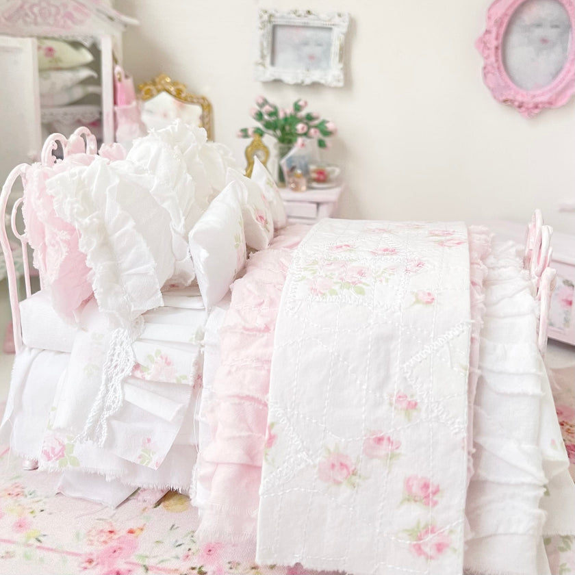 Chantallena Doll House Six whispering petals bed 1:12 Scale Dressed Dollhouse Wrought Iron - Roses are Forever| Chantallena
