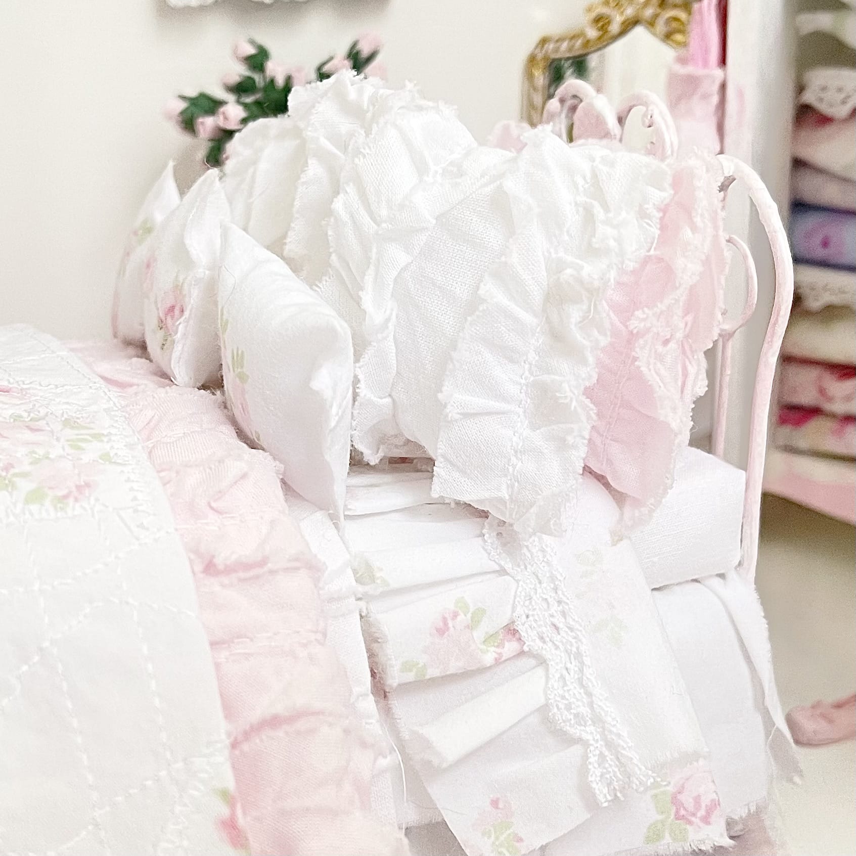 Chantallena Doll House Six whispering petals bed 1:12 Scale Dressed Dollhouse Wrought Iron - Roses are Forever| Chantallena