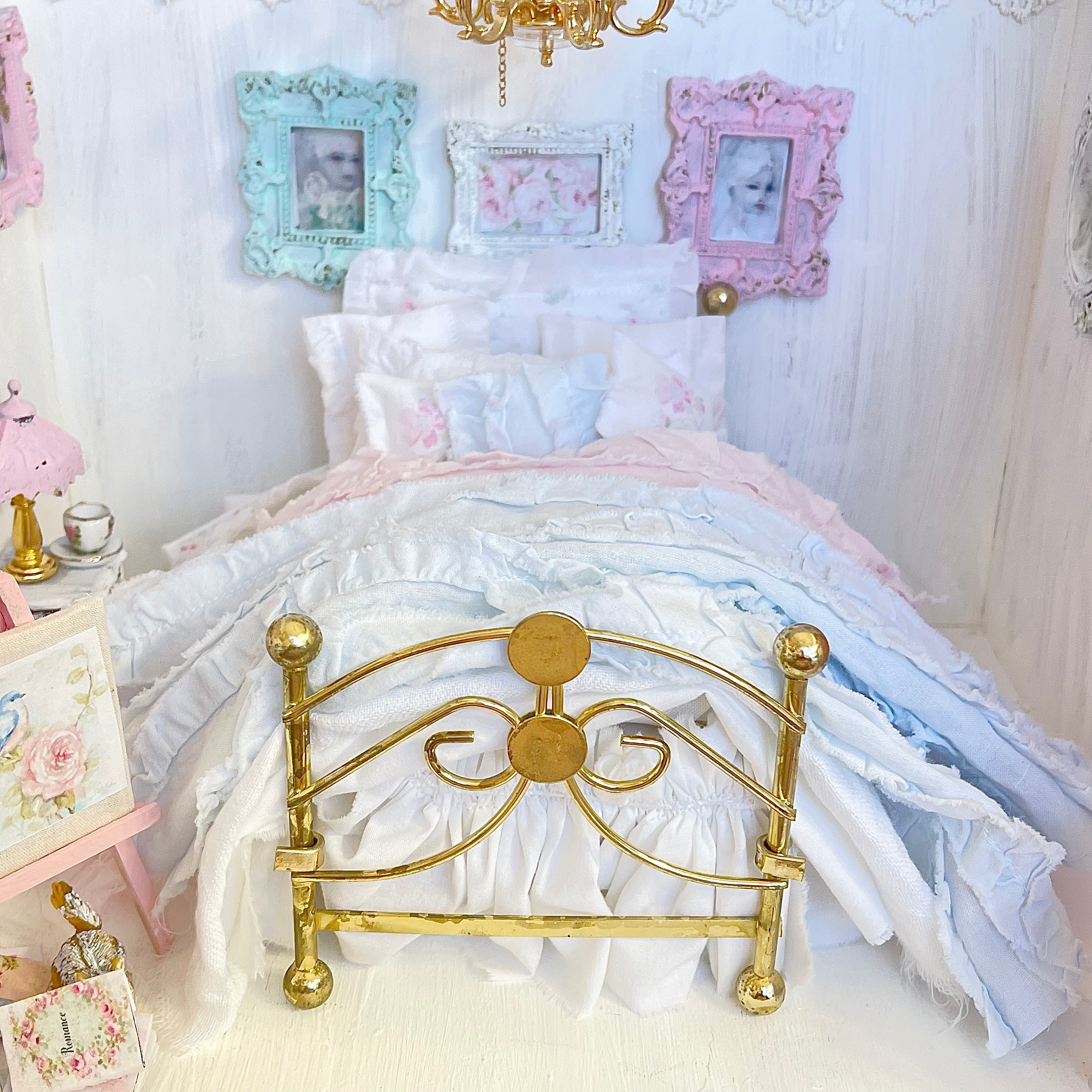 Chantallena Doll House Six whispering petals bed For Mellani -Ruffled 1:12 Scale - The Ruffled Rose Bedding Set| Chantallena