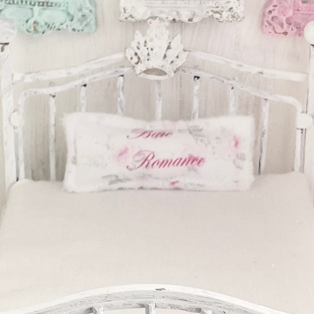 Chantallena Doll House White Distressed Painted Metal with Crown Double Bed- 1:12 Scale |Bare Romance