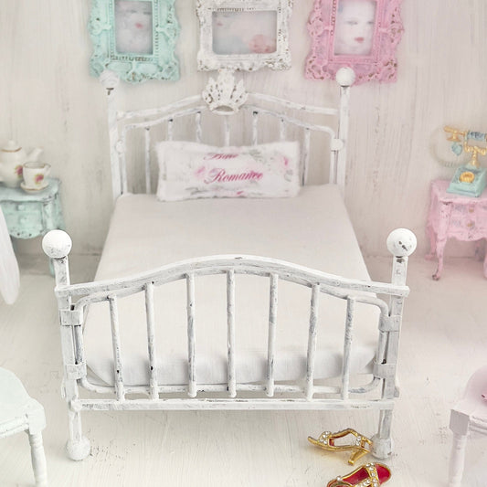 Chantallena Doll House White Distressed Painted Metal with Crown Double Bed- 1:12 Scale |Bare Romance