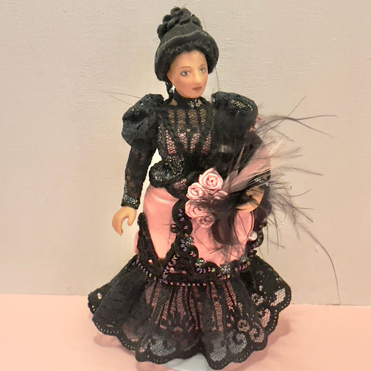 CHANTALLENA Doll Mélange| Porcelain Victorian Female Doll in Black Lace and Pink Satin 1:12 Scale Dollhouse Doll