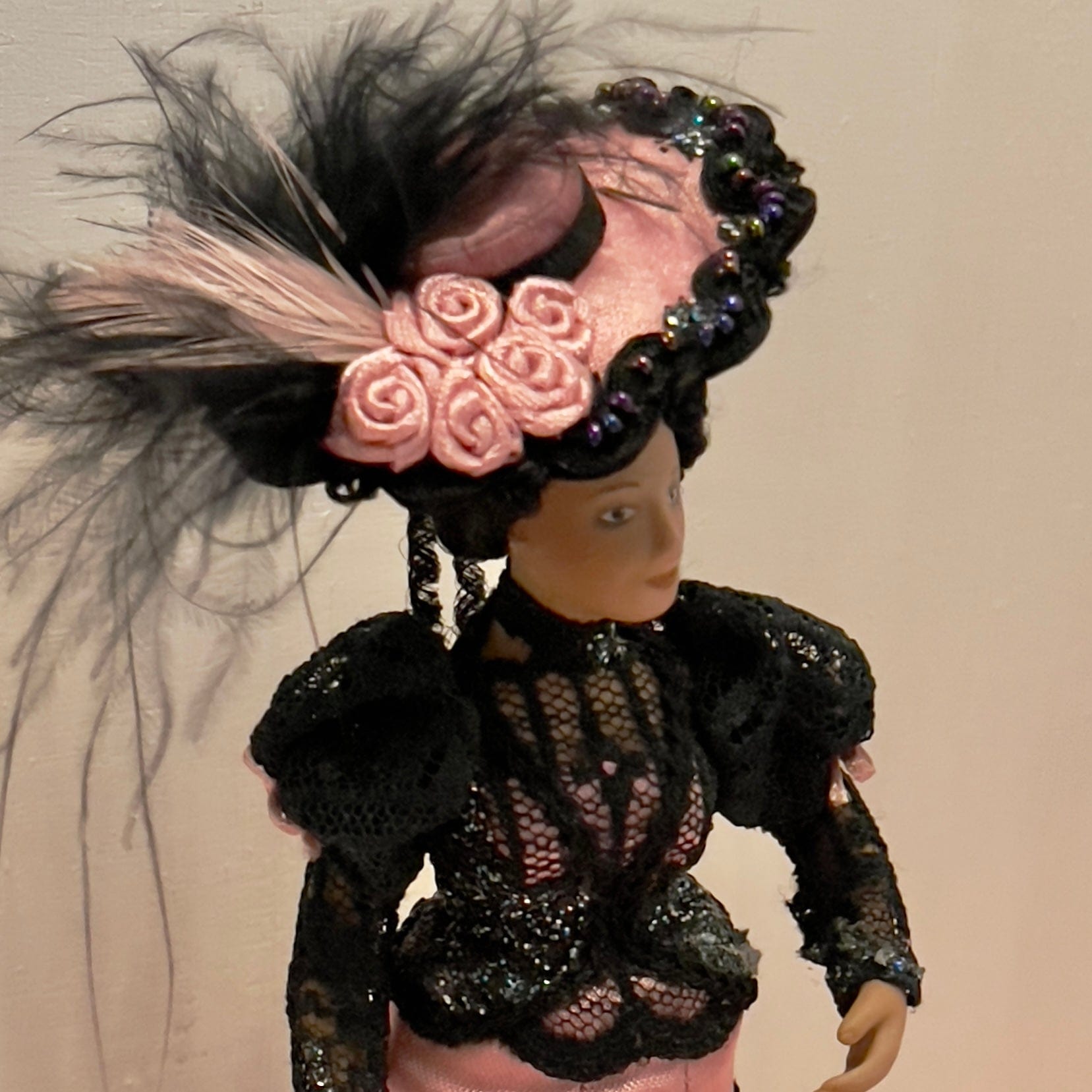 CHANTALLENA Doll Mélange| Porcelain Victorian Female Doll in Black Lace and Pink Satin 1:12 Scale Dollhouse Doll