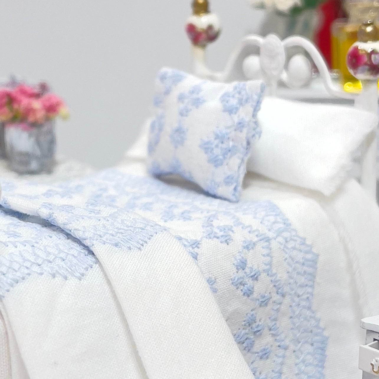 CHANTALLENA Dollhouse Accessories 1:24 Scale | Five Piece Blue Embroidered Cotton Dollhouse Bedding Set | Petite Abigail