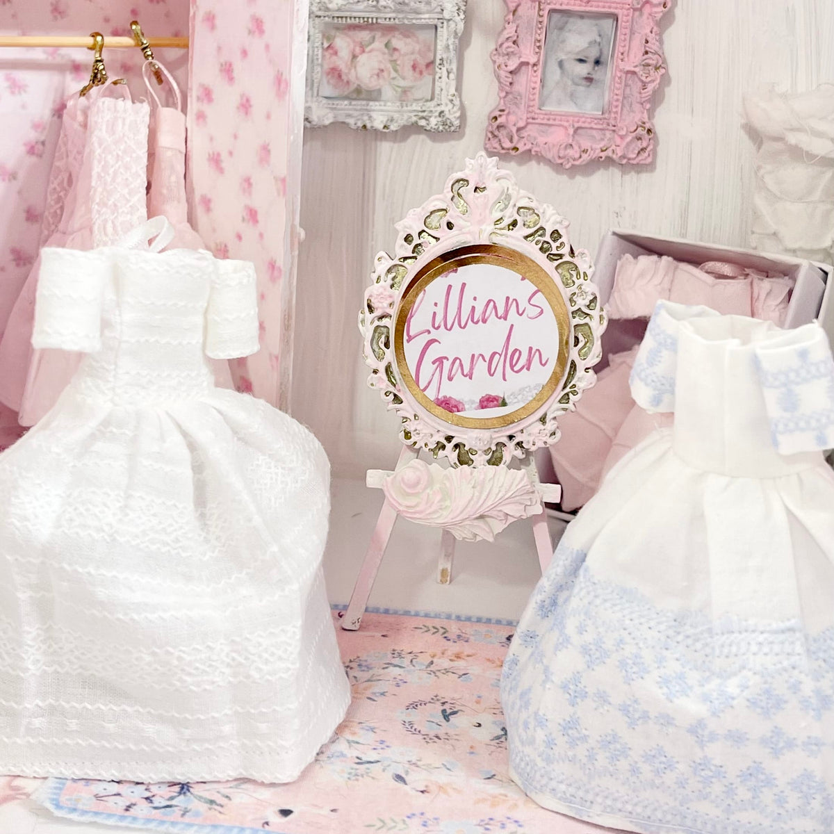 Chantallena Dresses Blue Cotton and White Cotton Embroidered Display Dresses-1:12 Scale | Lillian’s Garden
