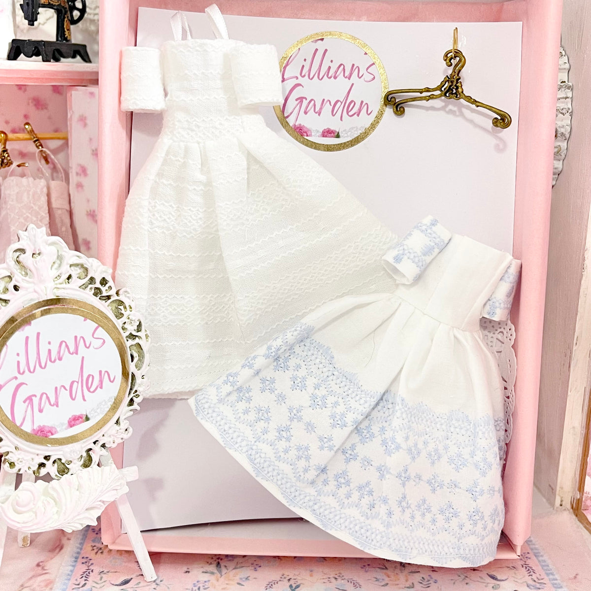 Chantallena Dresses Blue Cotton and White Cotton Embroidered Display Dresses-1:12 Scale | Lillian’s Garden