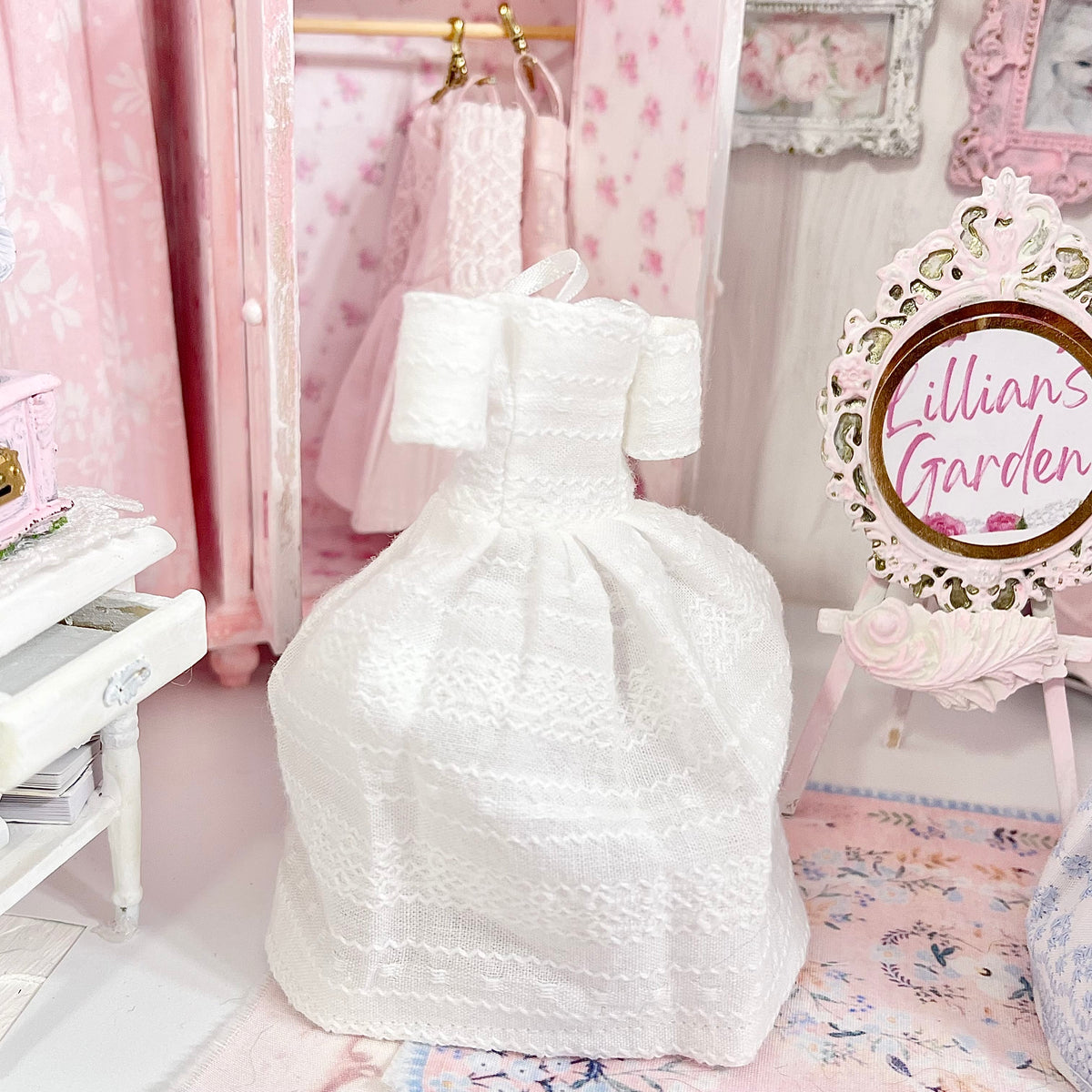 Chantallena Dresses Blue Cotton and White Cotton Embroidered Display Dresses-1:12 Scale | Lillian’s Garden