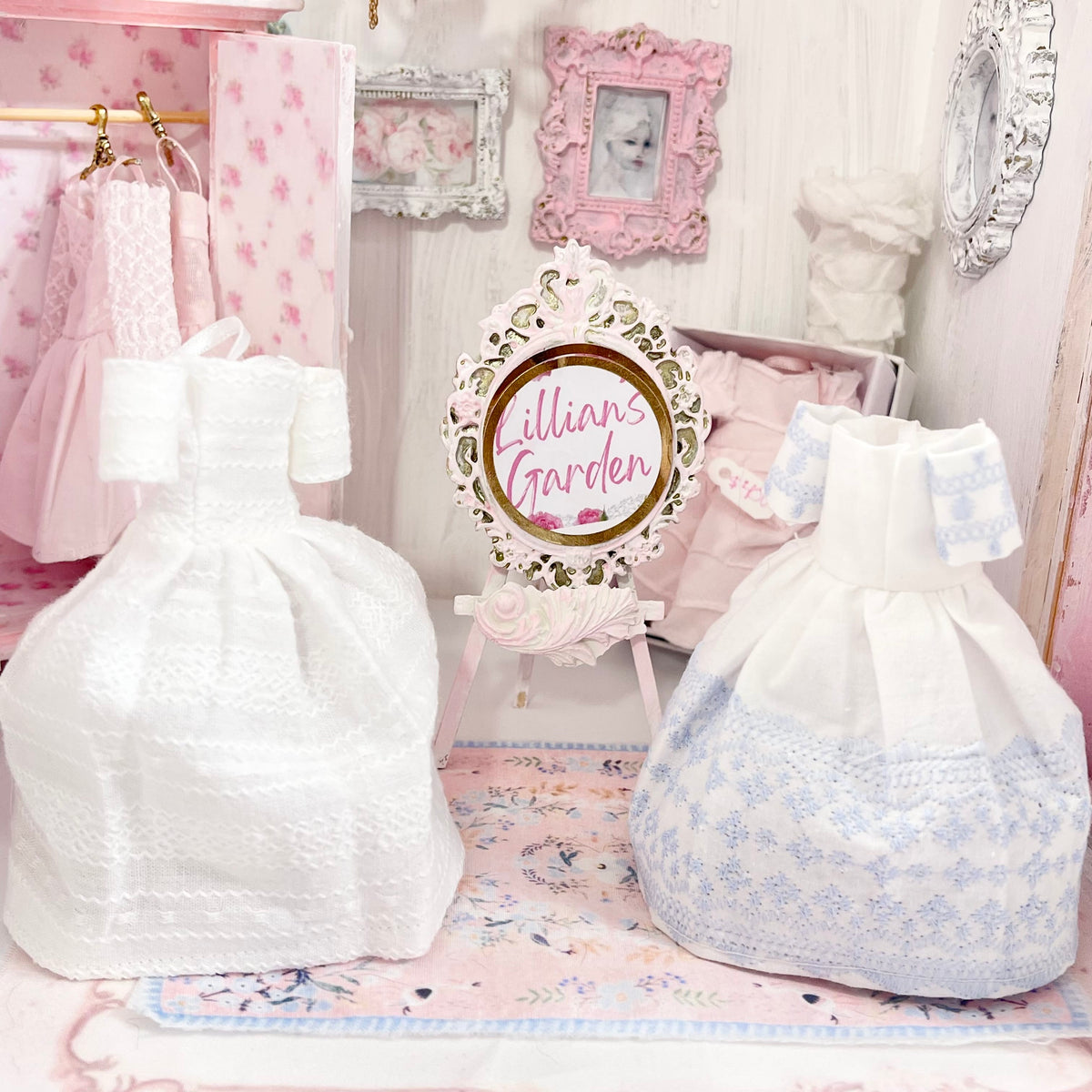 Chantallena Dresses Blue Cotton and White Cotton Embroidered Display Dresses-1:12 Scale | Lillian’s Garden