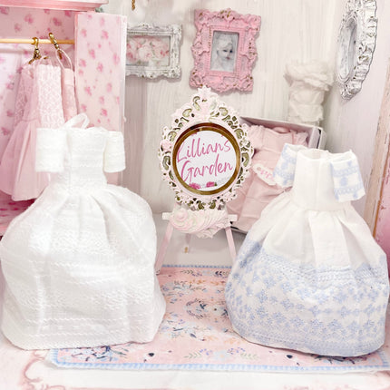 Chantallena Dresses Blue Cotton and White Cotton Embroidered Display Dresses-1:12 Scale | Lillian’s Garden