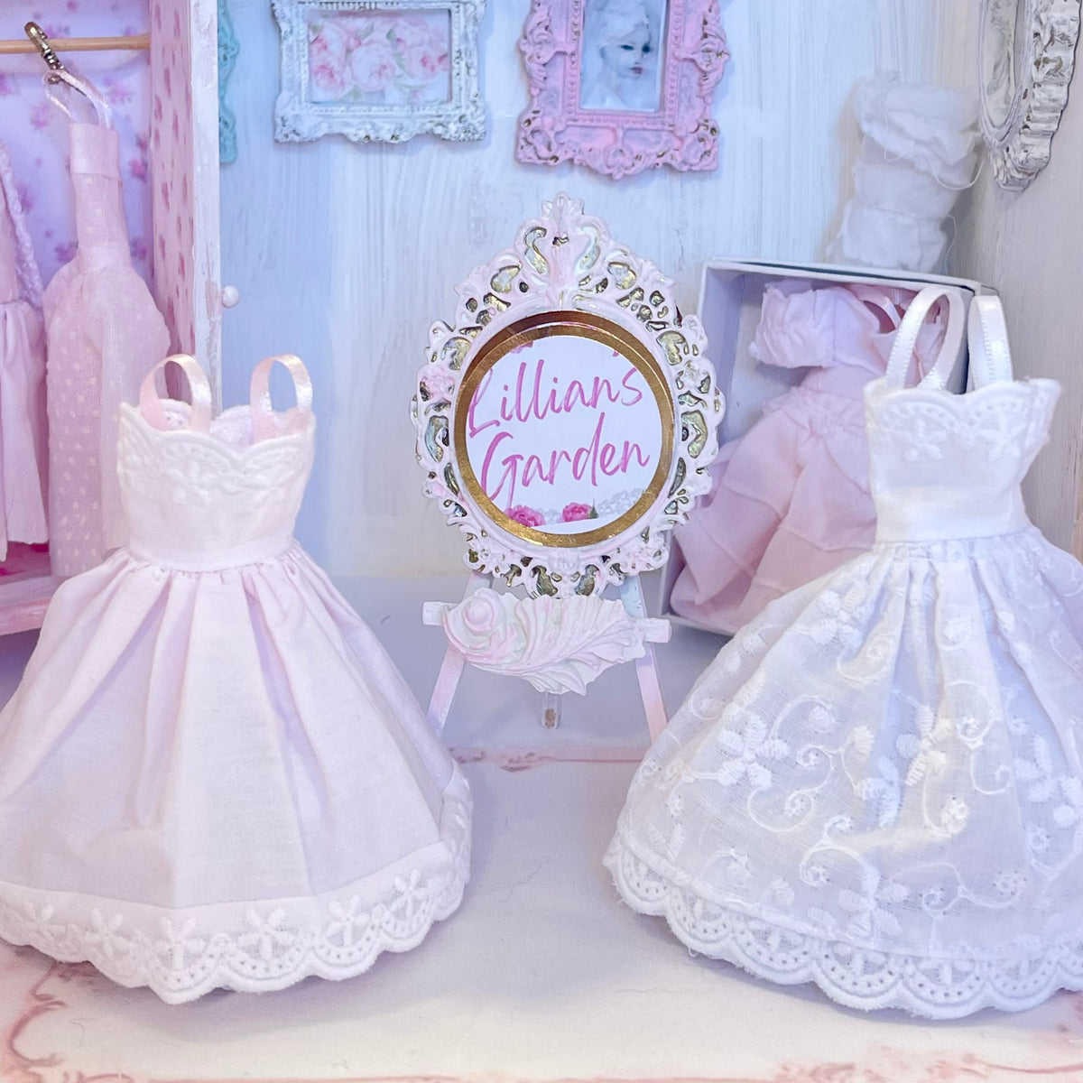 Chantallena Dresses Pink and White Cotton Eyelet Display Dresses-1:12 Scale | Lillian’s Garden
