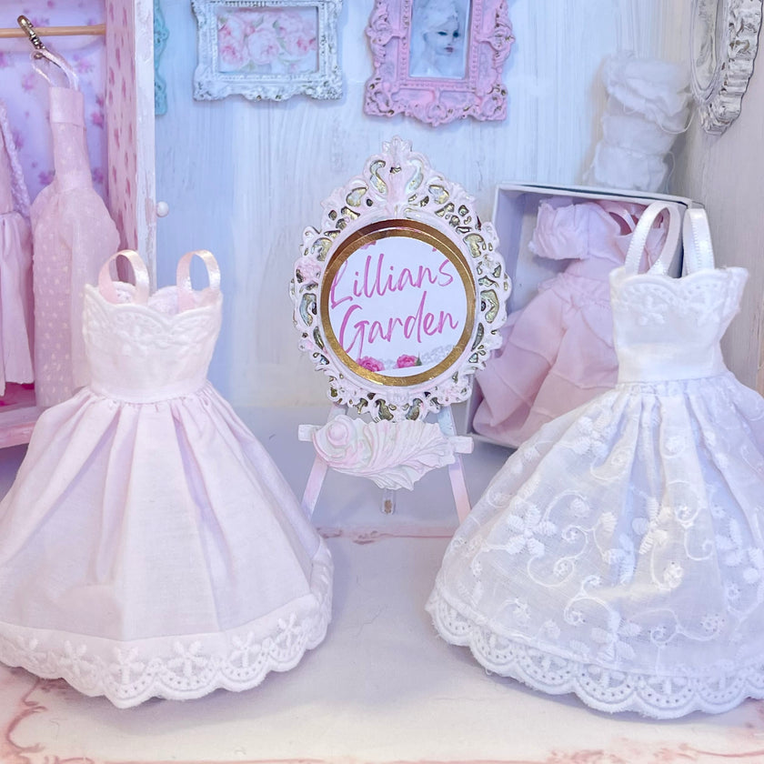 Chantallena Dresses Pink and White Cotton Eyelet Display Dresses-1:12 Scale | Lillian’s Garden