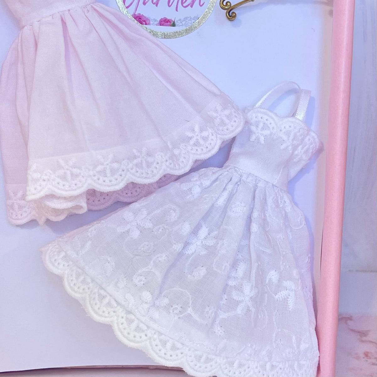 Chantallena Dresses Pink and White Cotton Eyelet Display Dresses-1:12 Scale | Lillian’s Garden