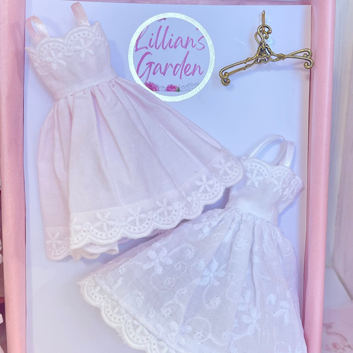 Chantallena Dresses Pink and White Cotton Eyelet Display Dresses-1:12 Scale | Lillian’s Garden