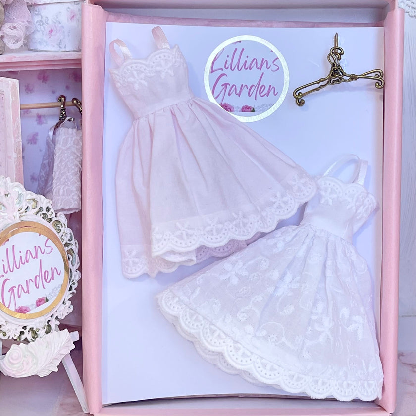 Chantallena Dresses Pink and White Cotton Eyelet Display Dresses-1:12 Scale | Lillian’s Garden