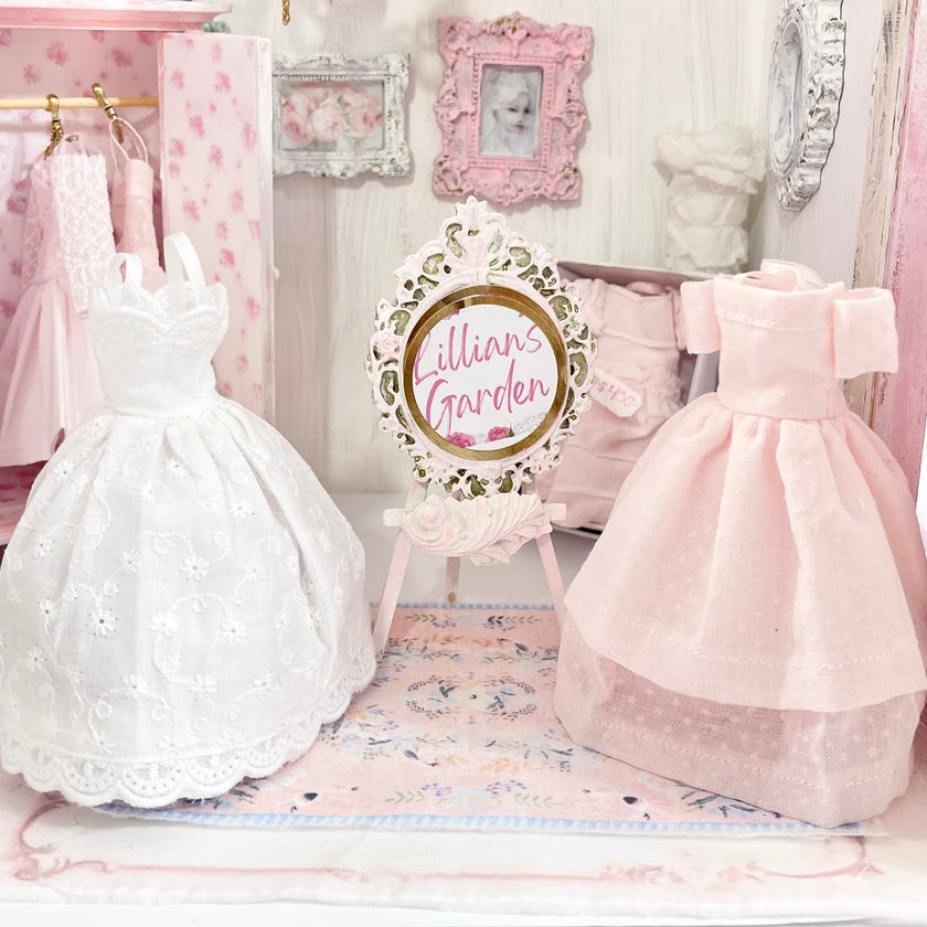 Chantallena Dresses Pink Polka Dots and White Cotton Eyelet Display Dresses-1:12 Scale | Lillian’s Garden